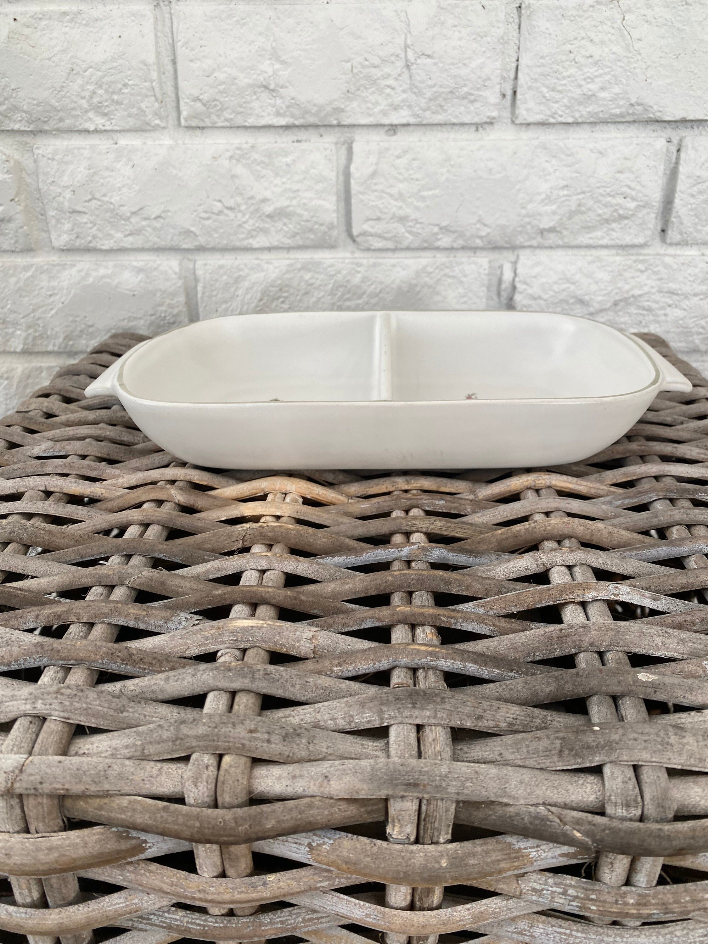 Dish viewed from side with handles visible