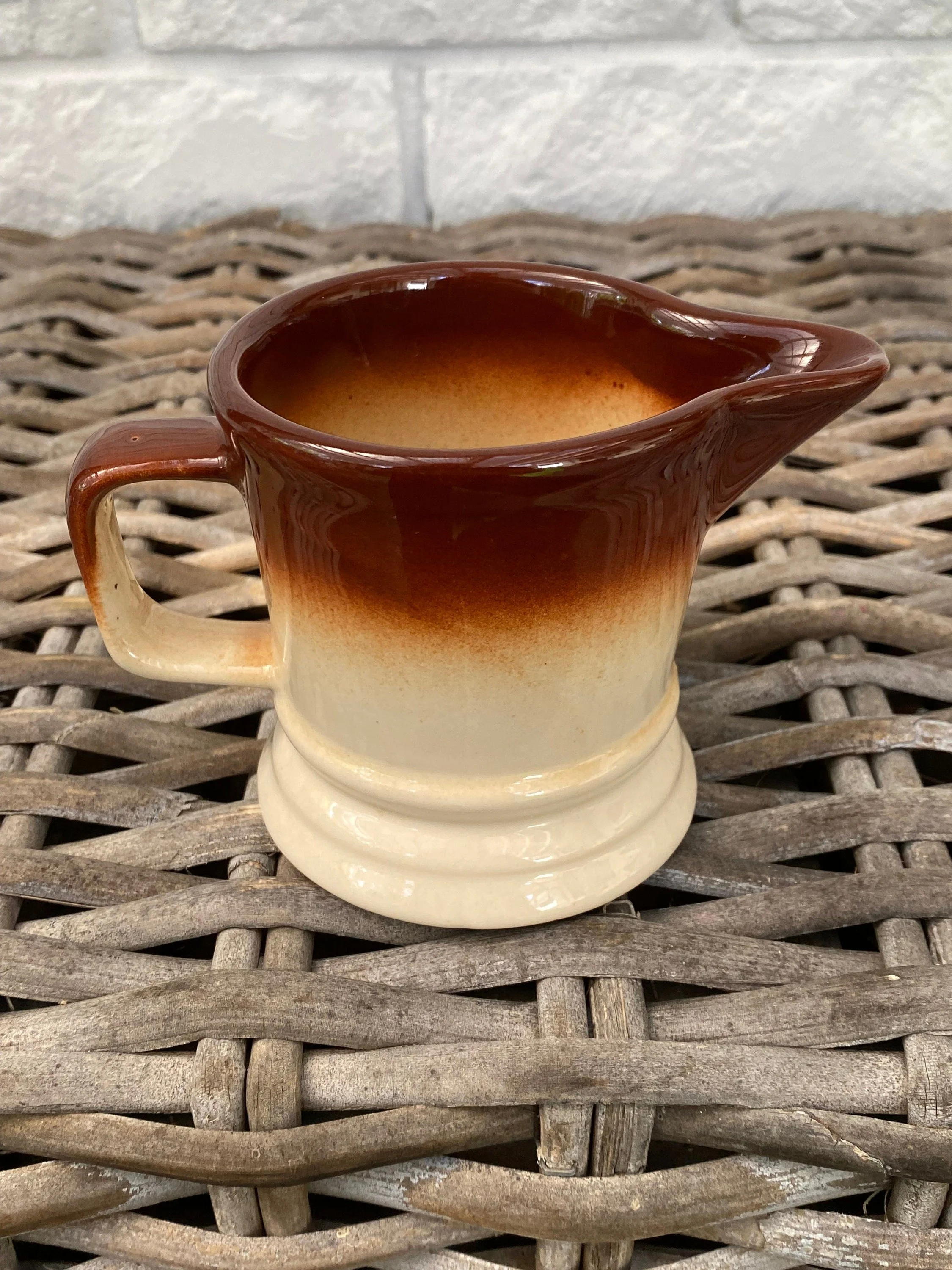 Two-Toned Stoneware Creamer | Brown & Cream Speckled Small Pitcher | Made in Taiwan, 1970s