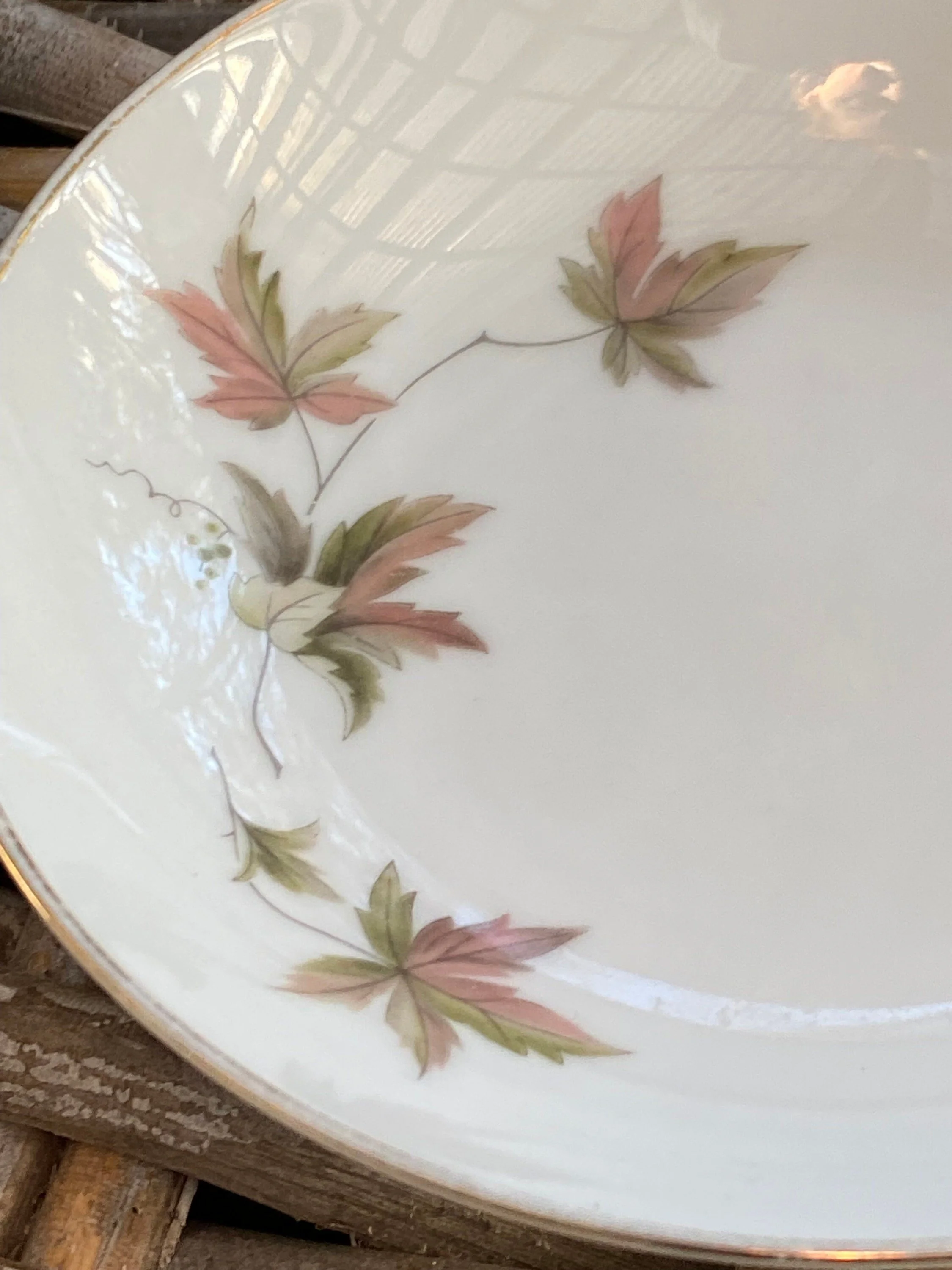 Detailed view of soft leaf pattern with fine line detailing and worn gold trim