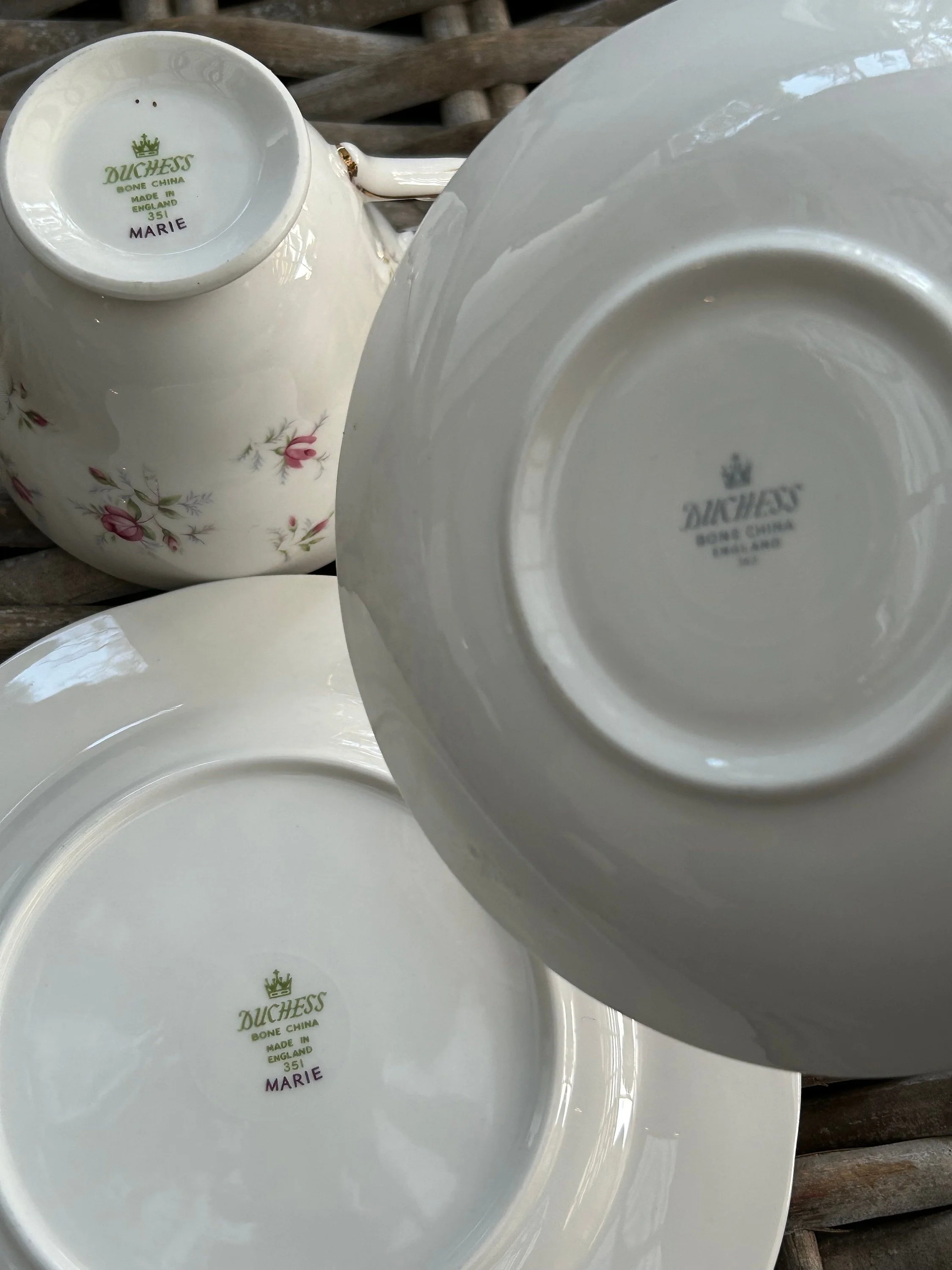 Underside of cup and saucer with Duchess backstamps