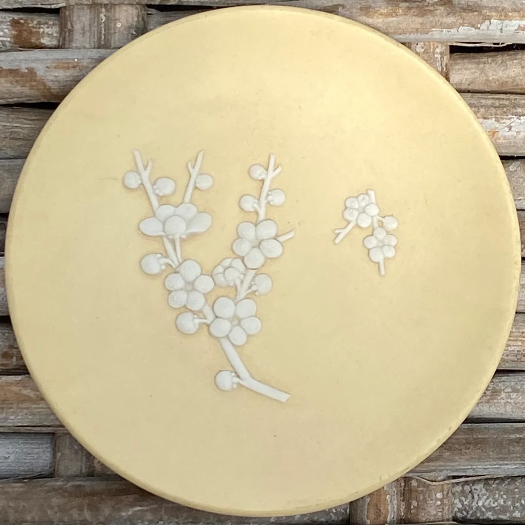 Wedgwood Jasperware in primrose yellow with white prunus blossom relief