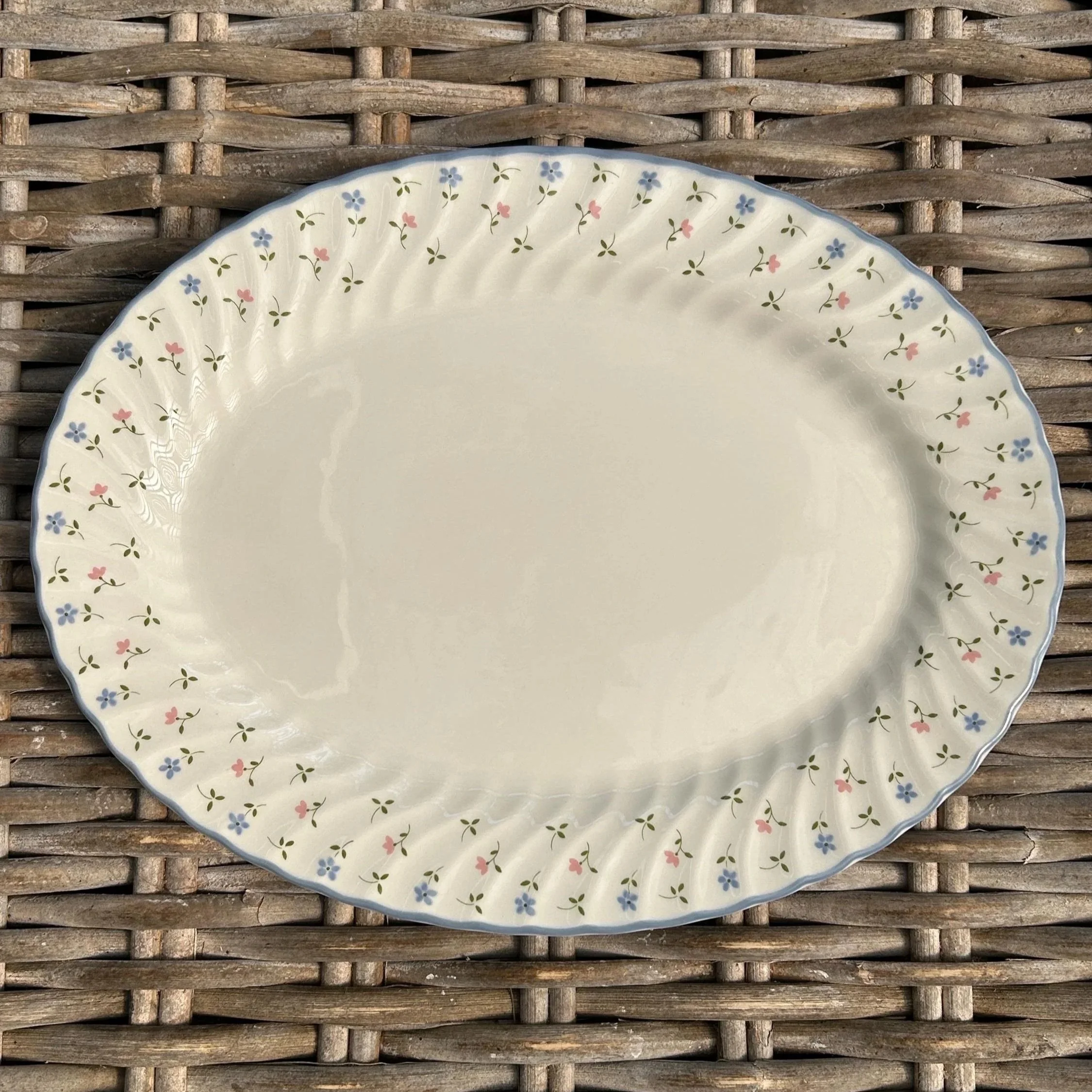 Johnson Brothers Oval Serving Platter – ‘Melody’ Pattern | Blue & Pink Floral Ironstone | 1980s Vintage English Tableware