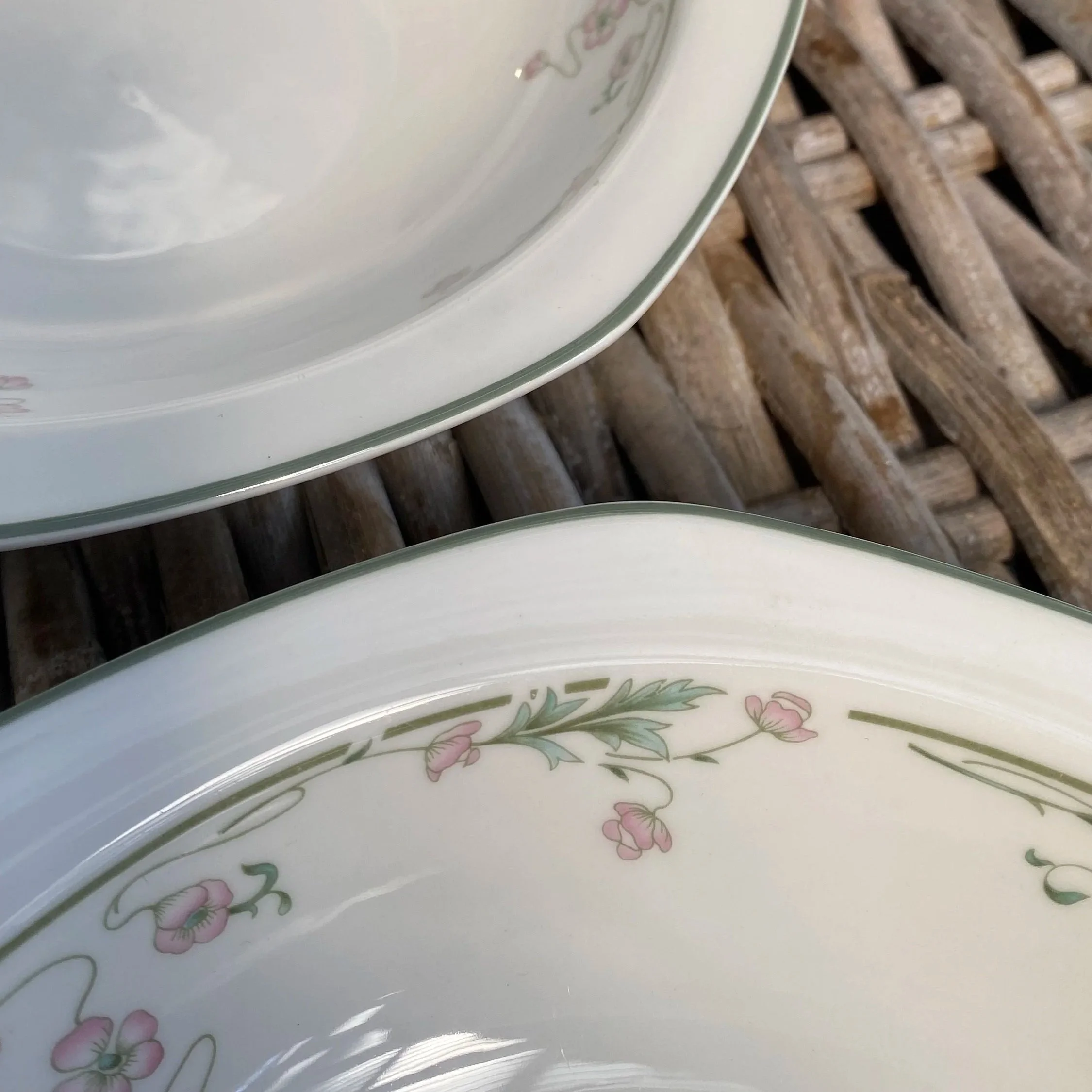 Close-up of floral rim with green and pink vine pattern