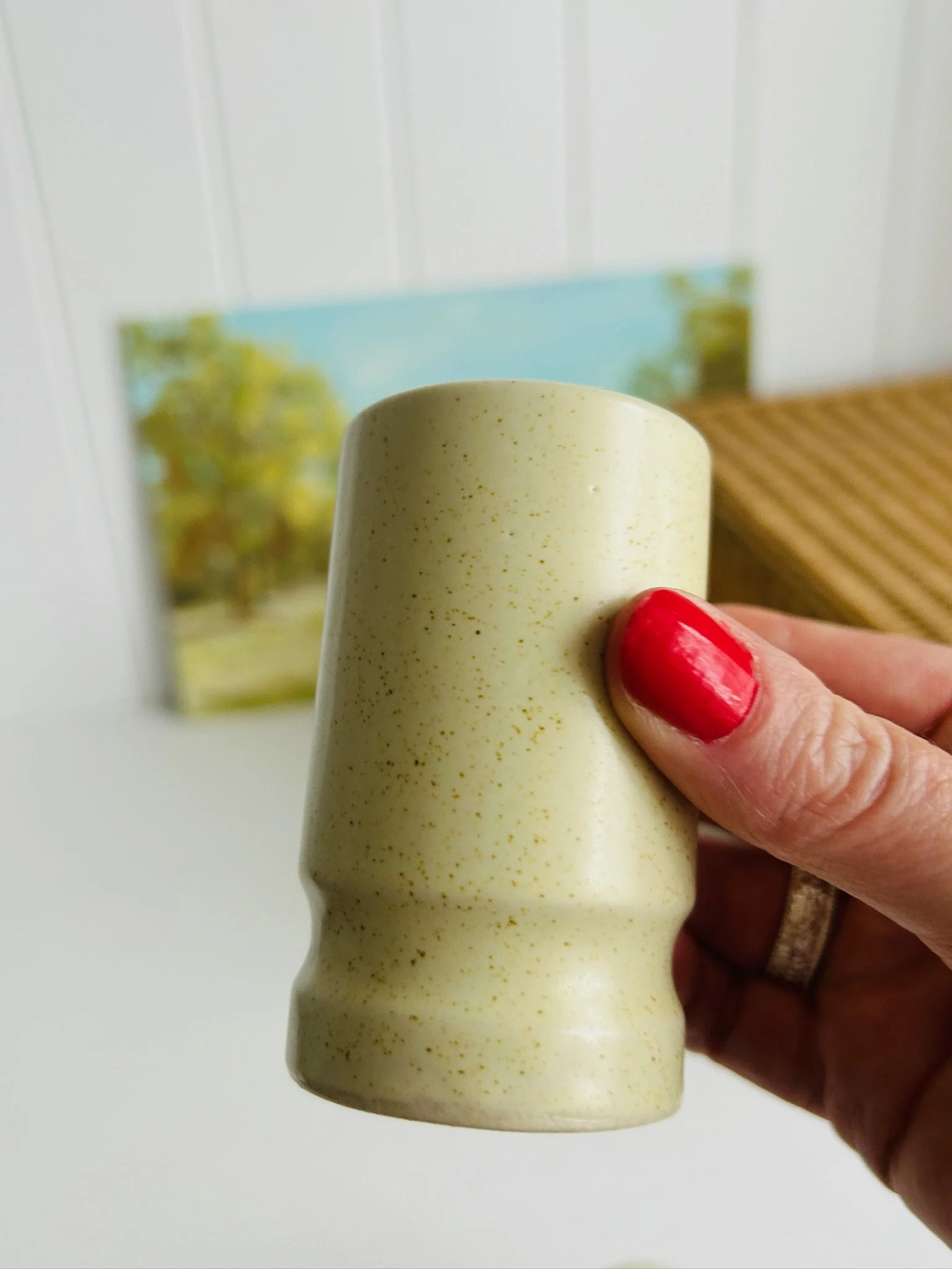 Single shaker held upright in hand, showing the softly tapered cylindrical body and cream speckled glaze