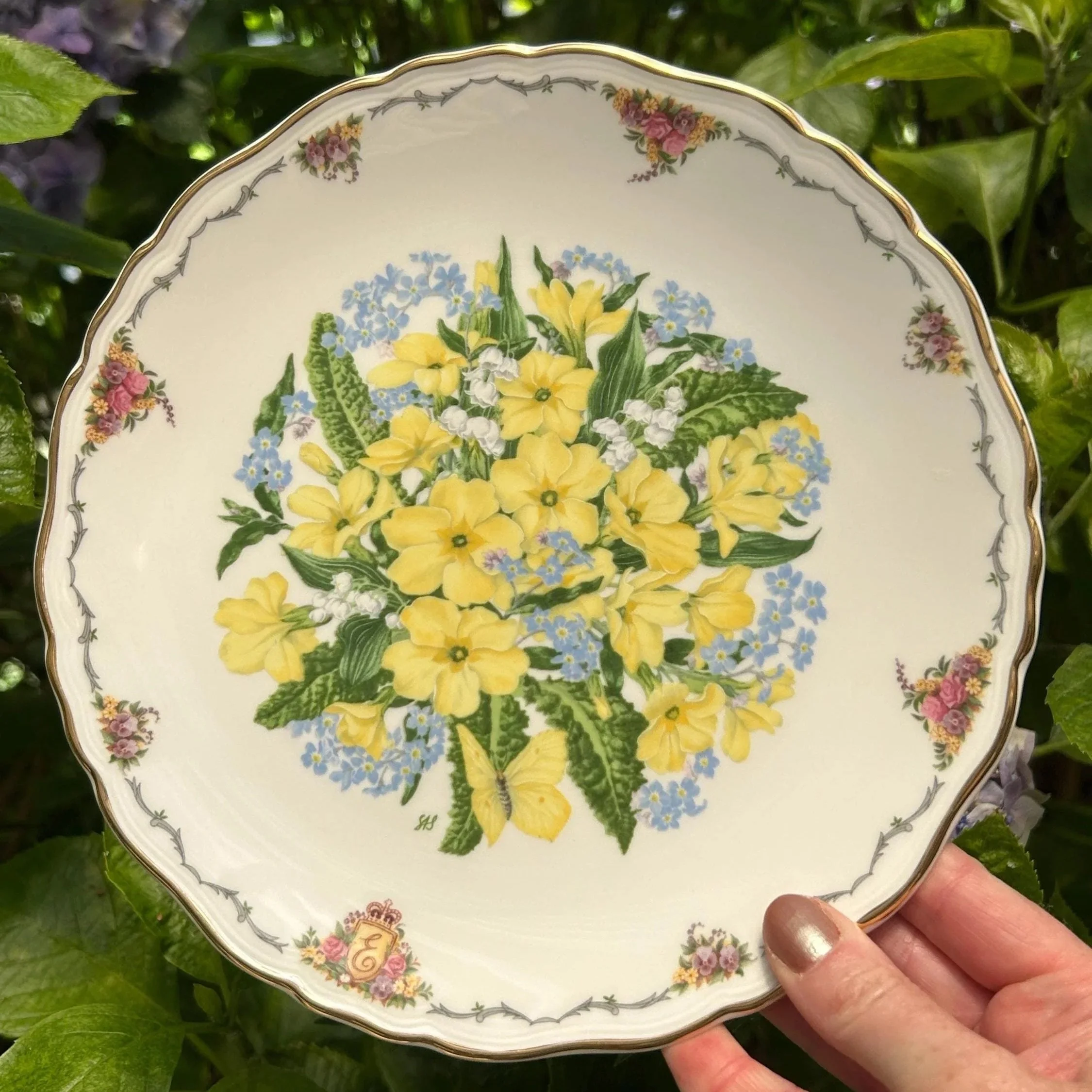 Front view of Royal Albert Primroses plate held in hand outdoors