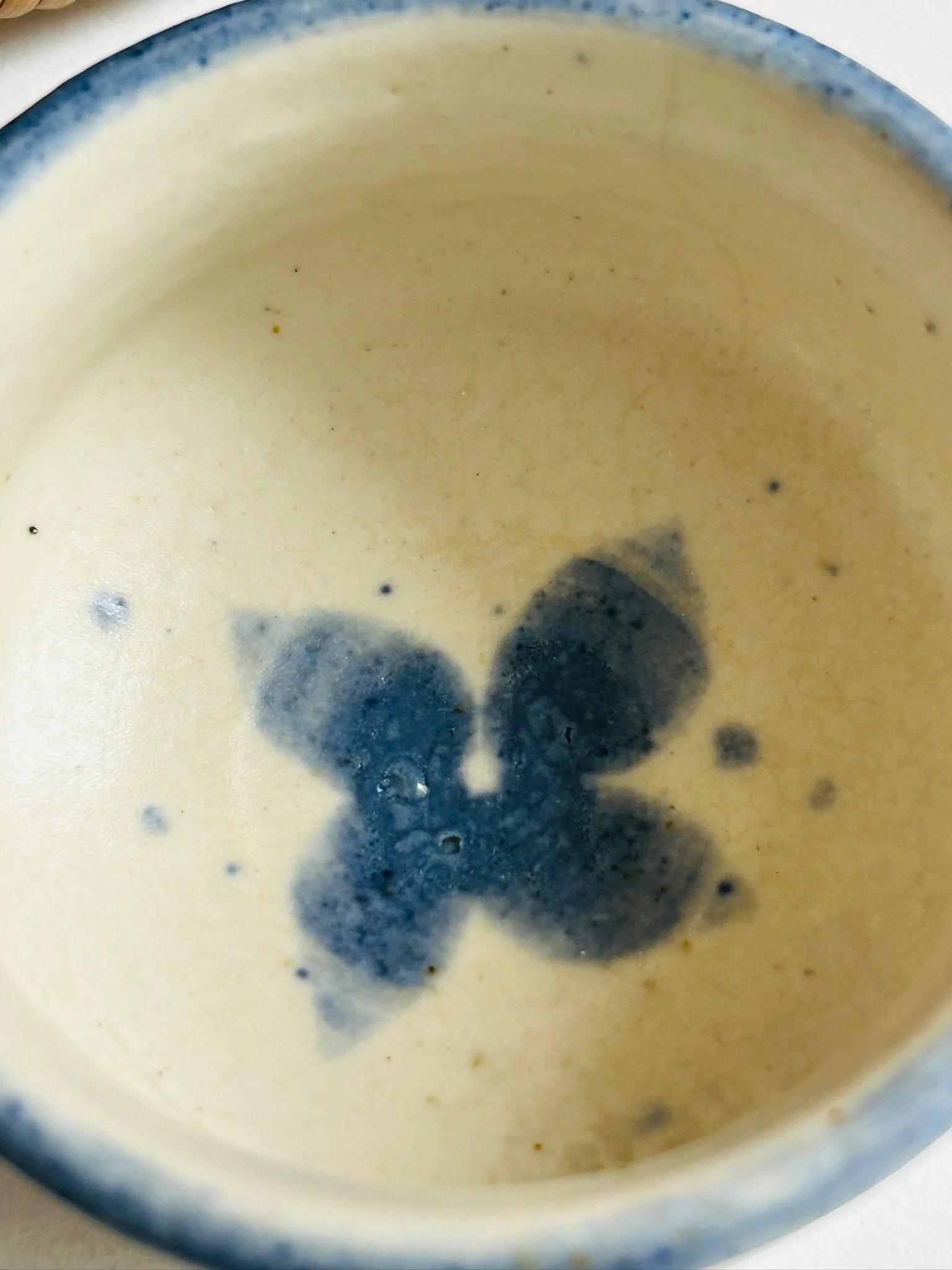 Close-up of the bowl interior showing the hand-painted blue floral motif and speckled cream glaze