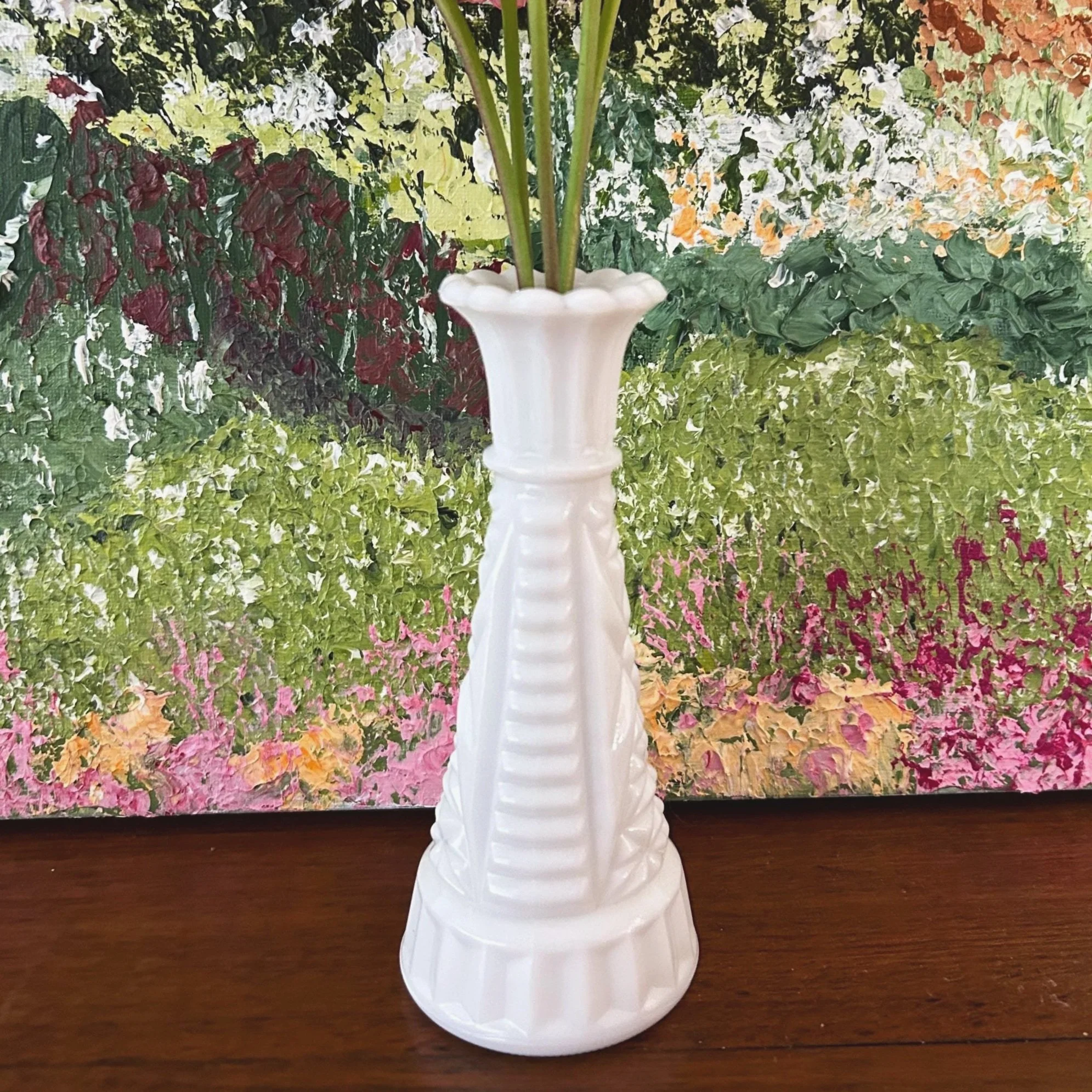 Anchor Hocking | Milk Glass Bud Vase | Stars and Bars Pattern | Retro | White | Flower Vase | Vintage | Cottage Hamptons Farmhosue Classic
