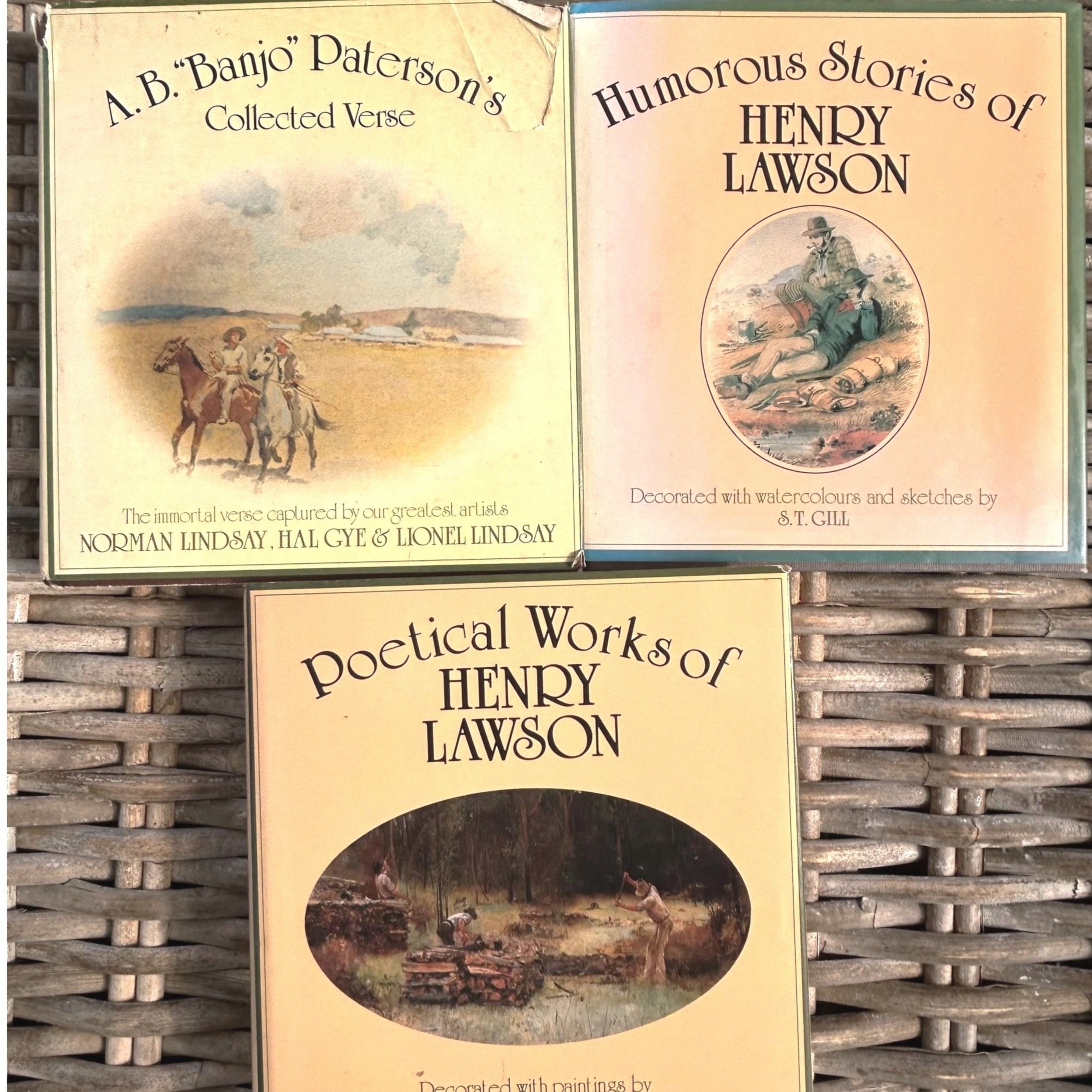 A vintage set of 3 illustrated books featuring Banjo Paterson & Henry Lawson’s collected works. Hardcover editions from the 1980s with stunning illustrations.