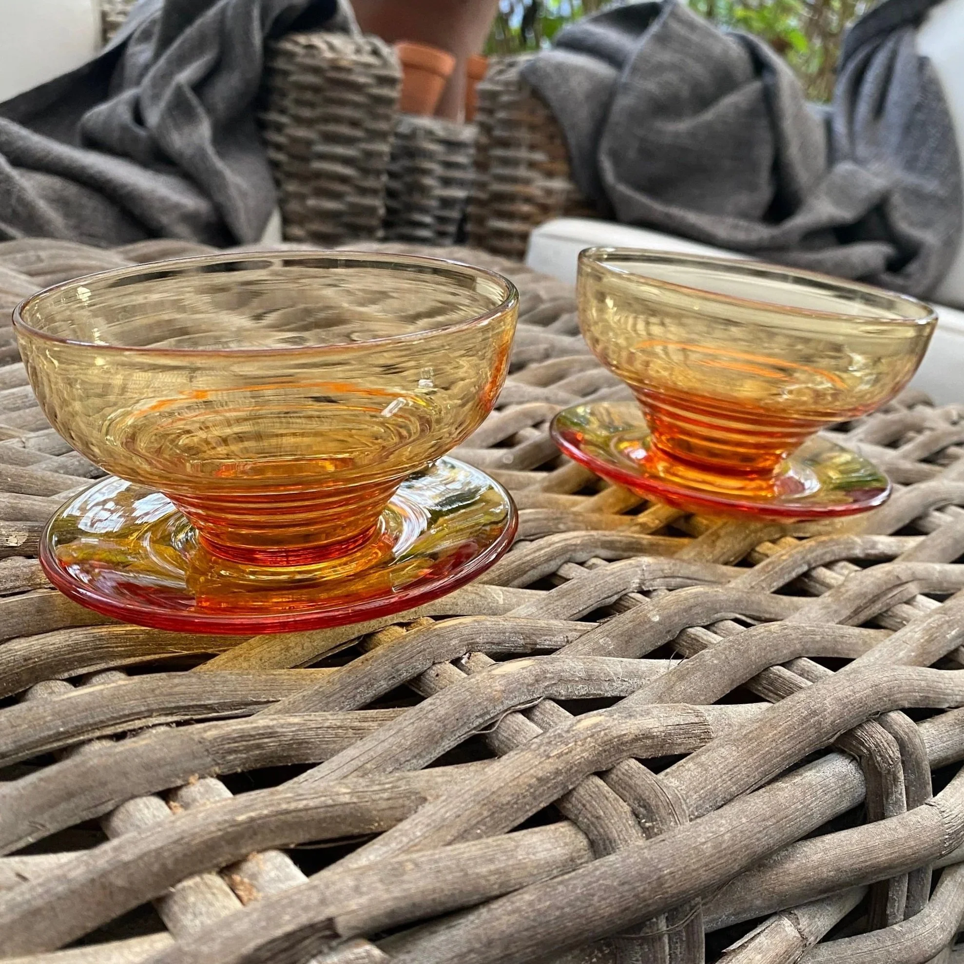Pair of amber Stuart Crystal dessert dishes with ribbed pattern and pedestal base