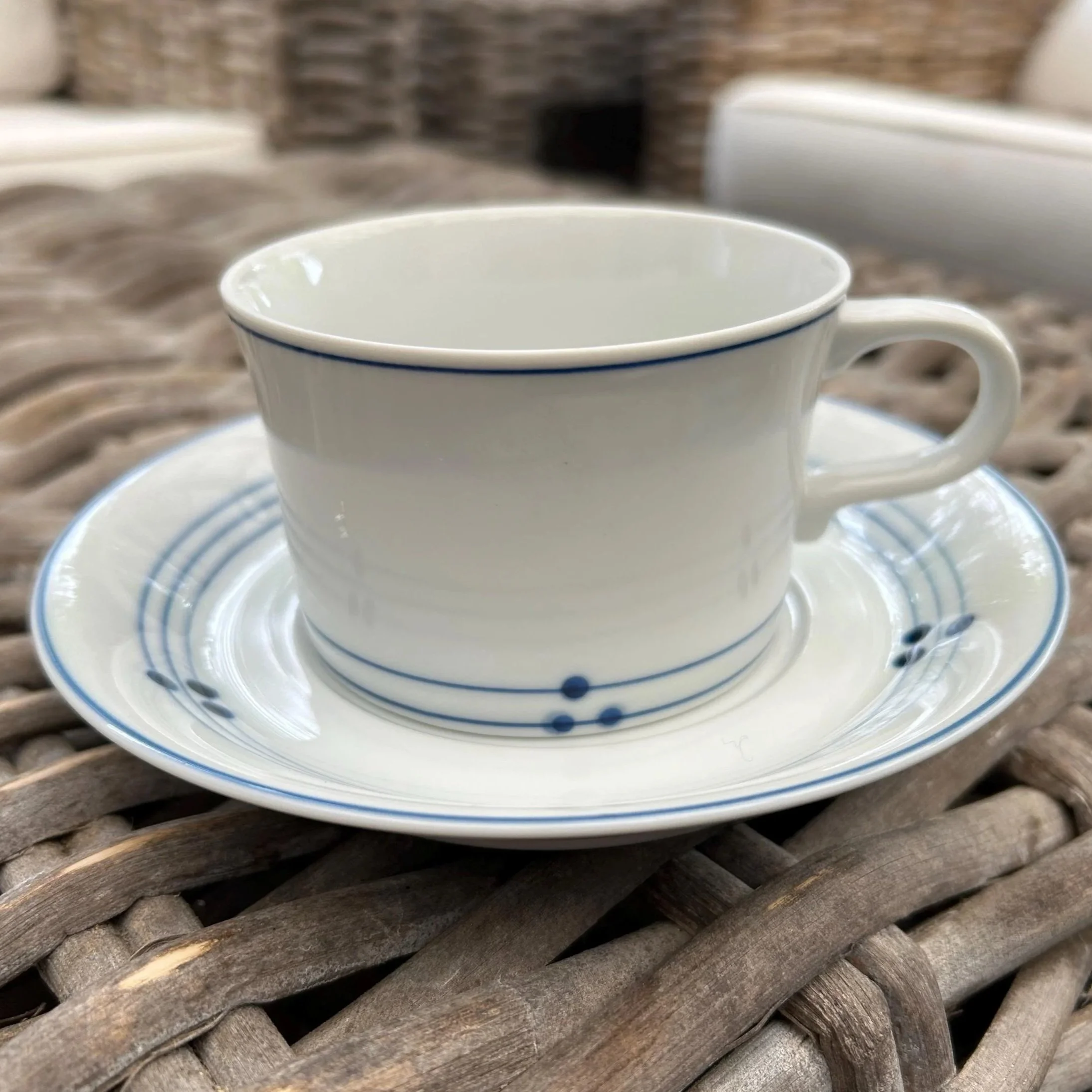 Mikasa Disco Blue coffee cup and saucer duo on wicker table – showing full set