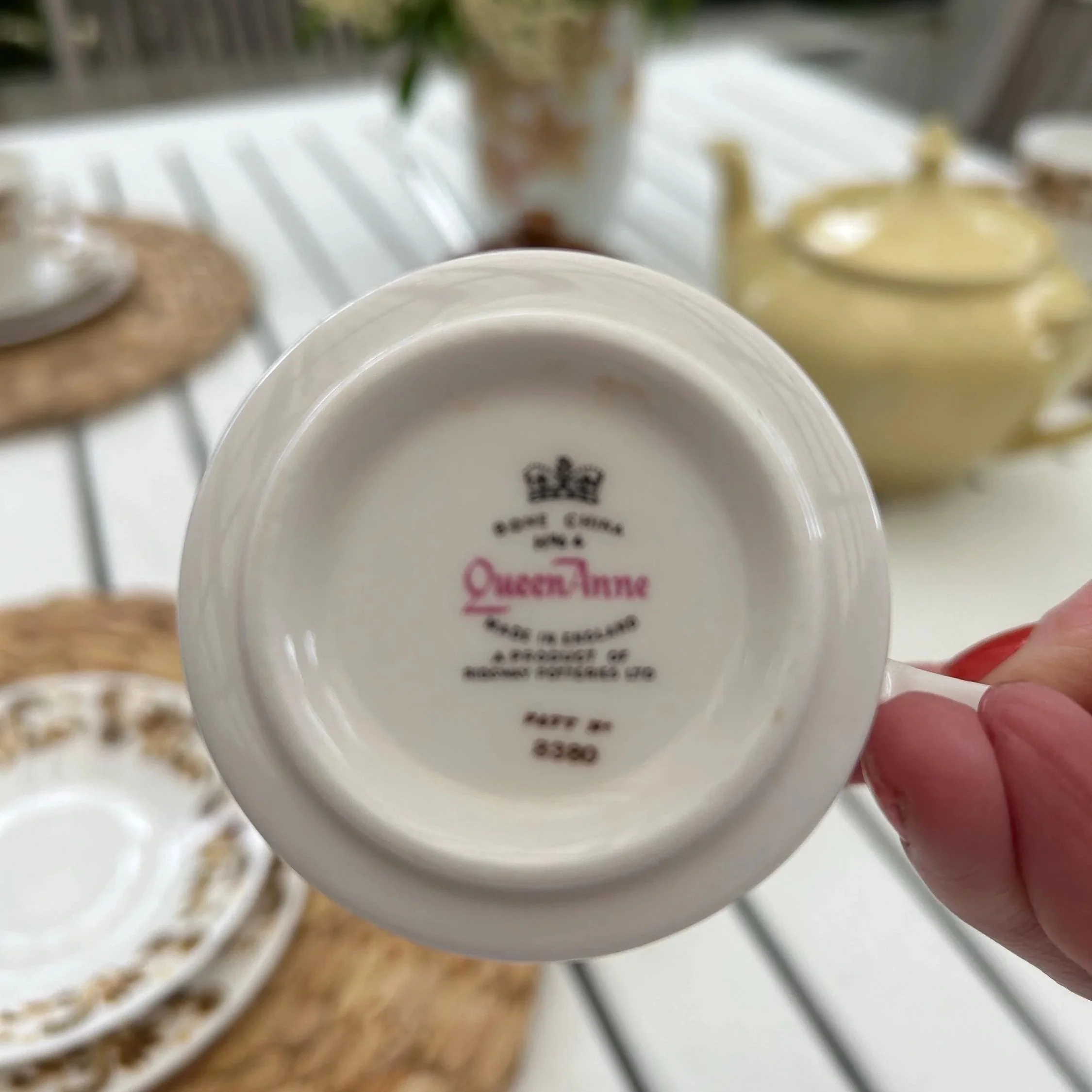 Underside of teacup showing Queen Anne and Ridgway Potteries backstamp