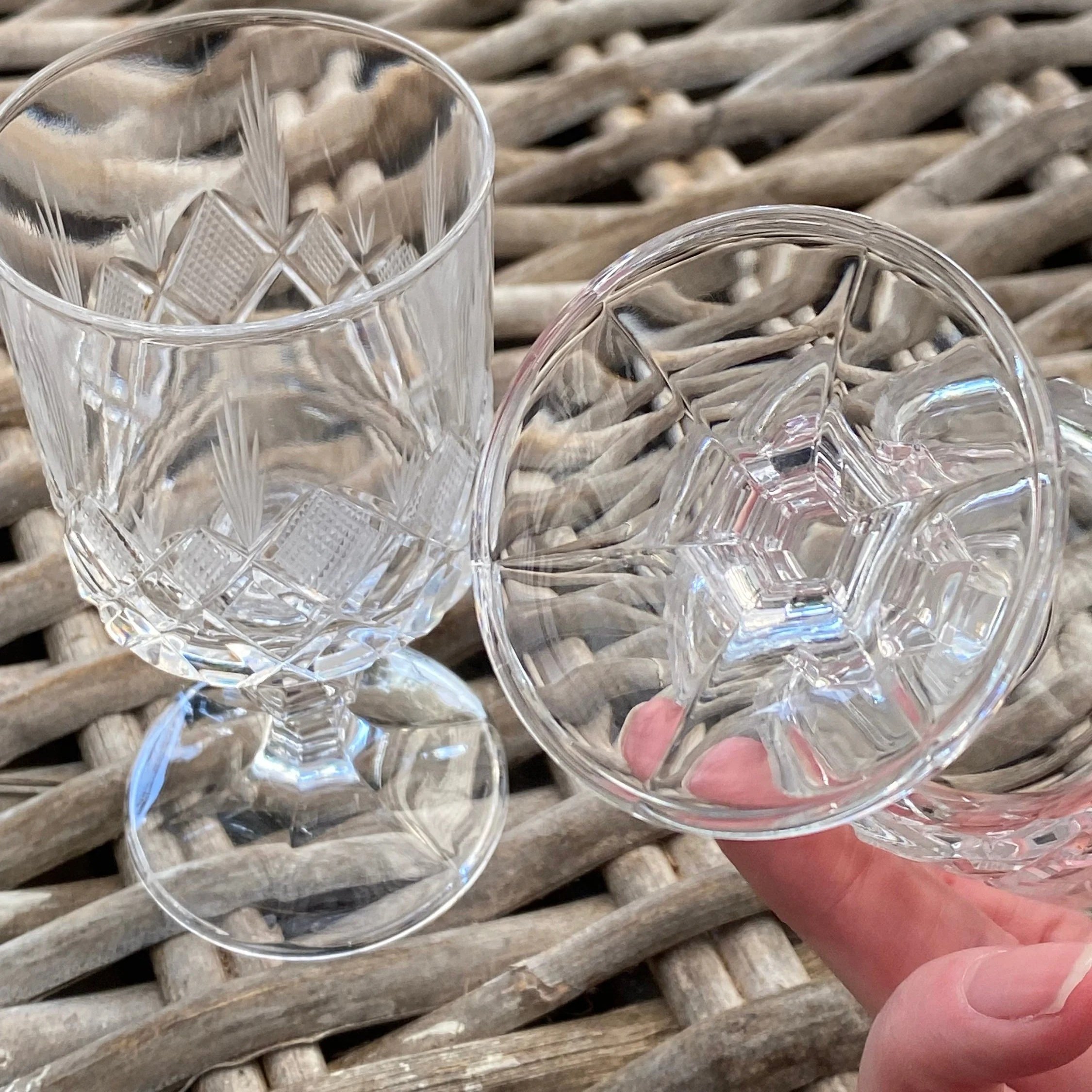 Close-up of diamond and fan cut pattern on glass