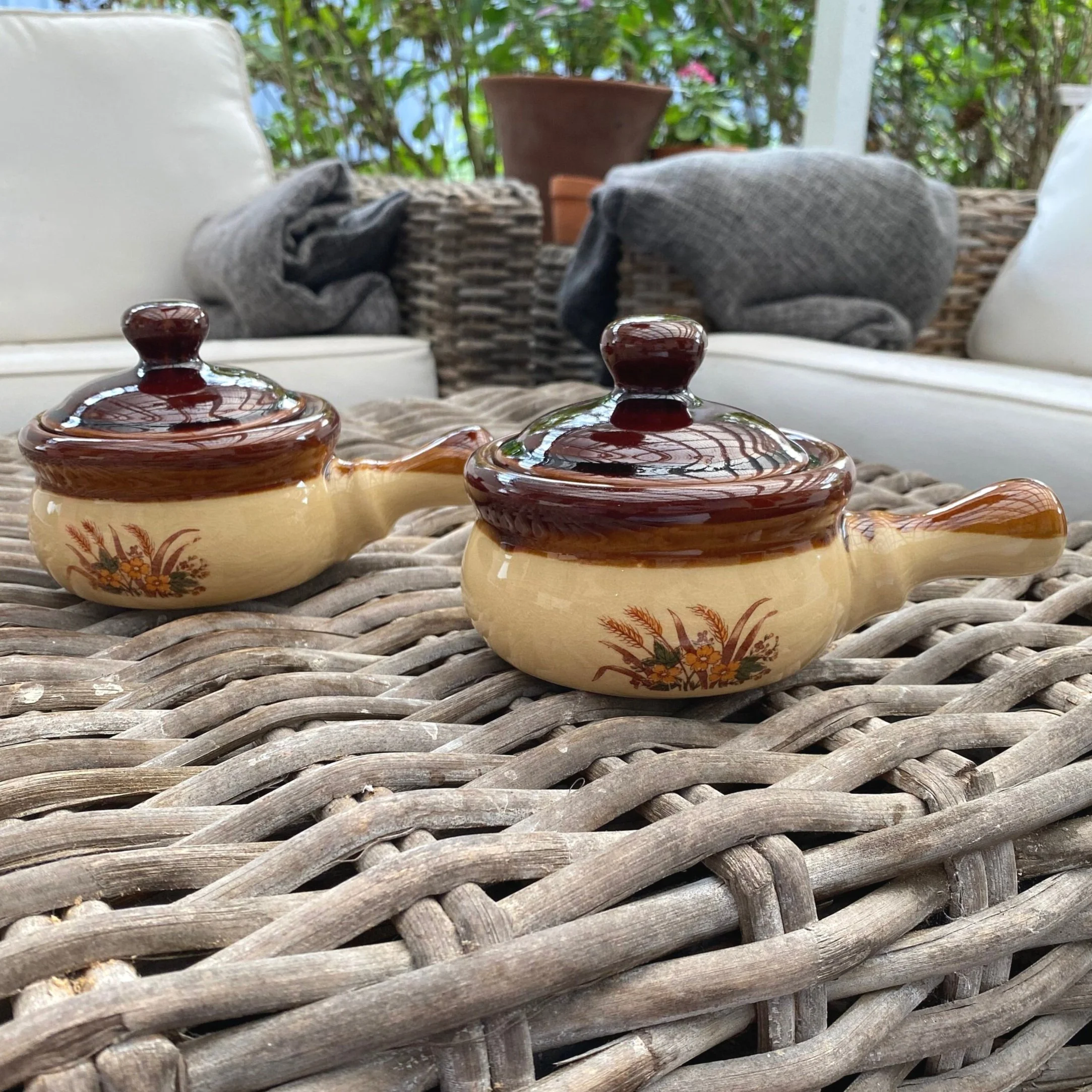 Vintage Caprice Harvest Collection ceramic soup bowls (set of 2) with lids and wheat motif. Microwave & dishwasher safe, includes original box.
