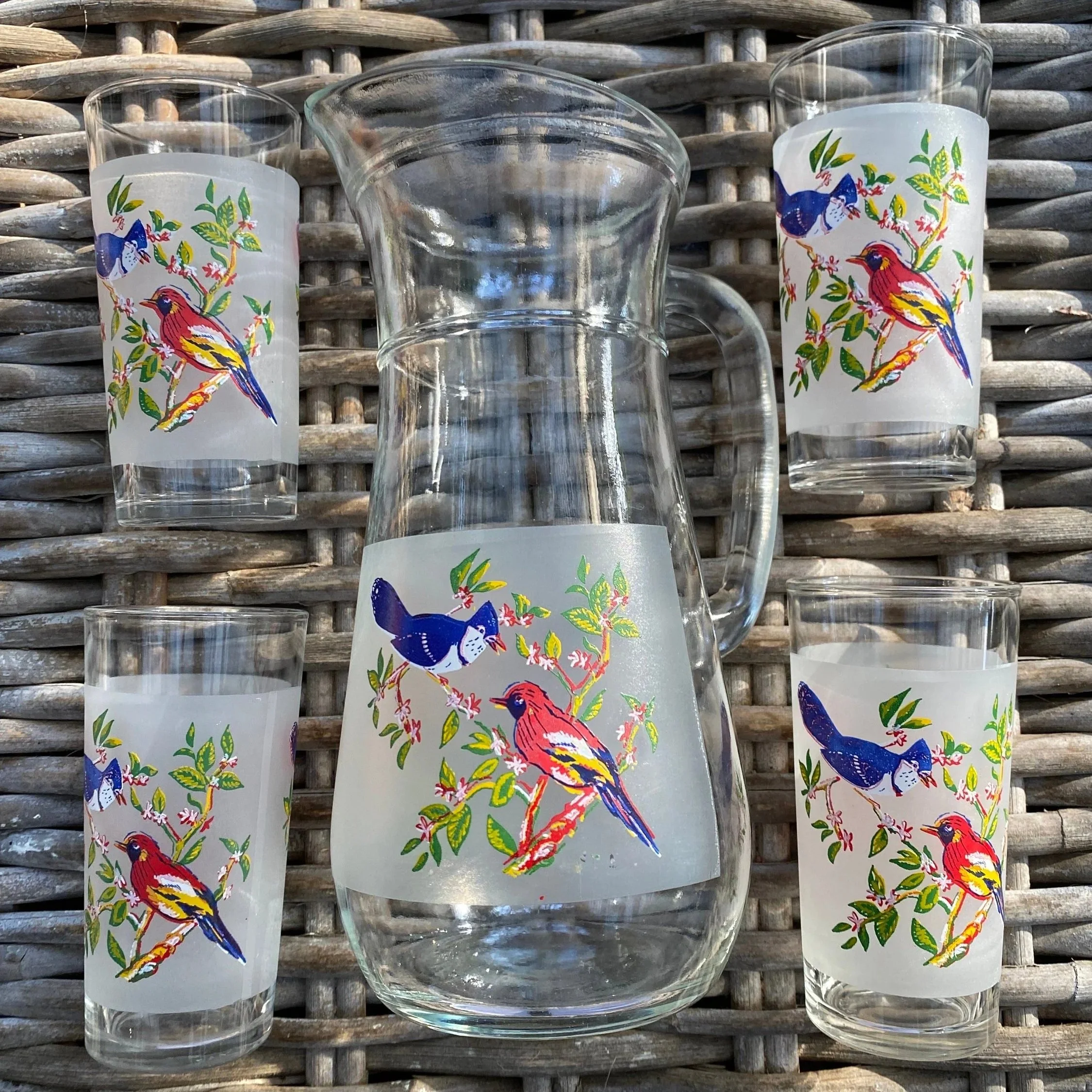 Full 5-piece Italian glass set with jug and four tumblers featuring bird design