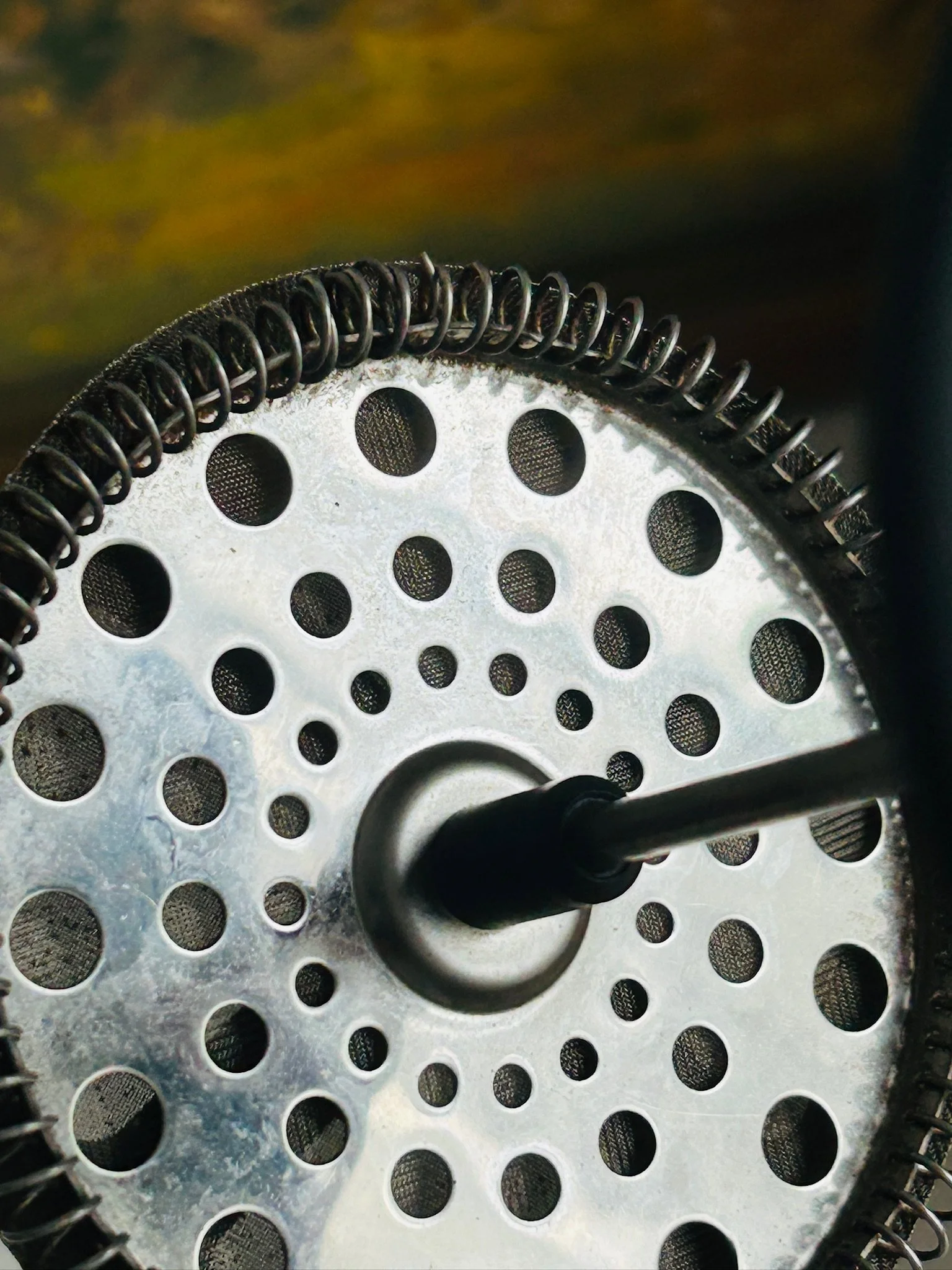Close-up of the stainless steel mesh filter plate, showing the perforated metal disc and coiled spring edge.