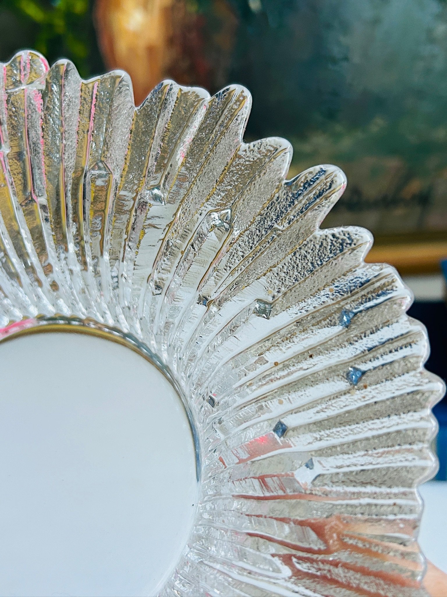 Close detail of the frosted icicle rays and uneven broken-ice rim on a 1970s Humppila glass dish
