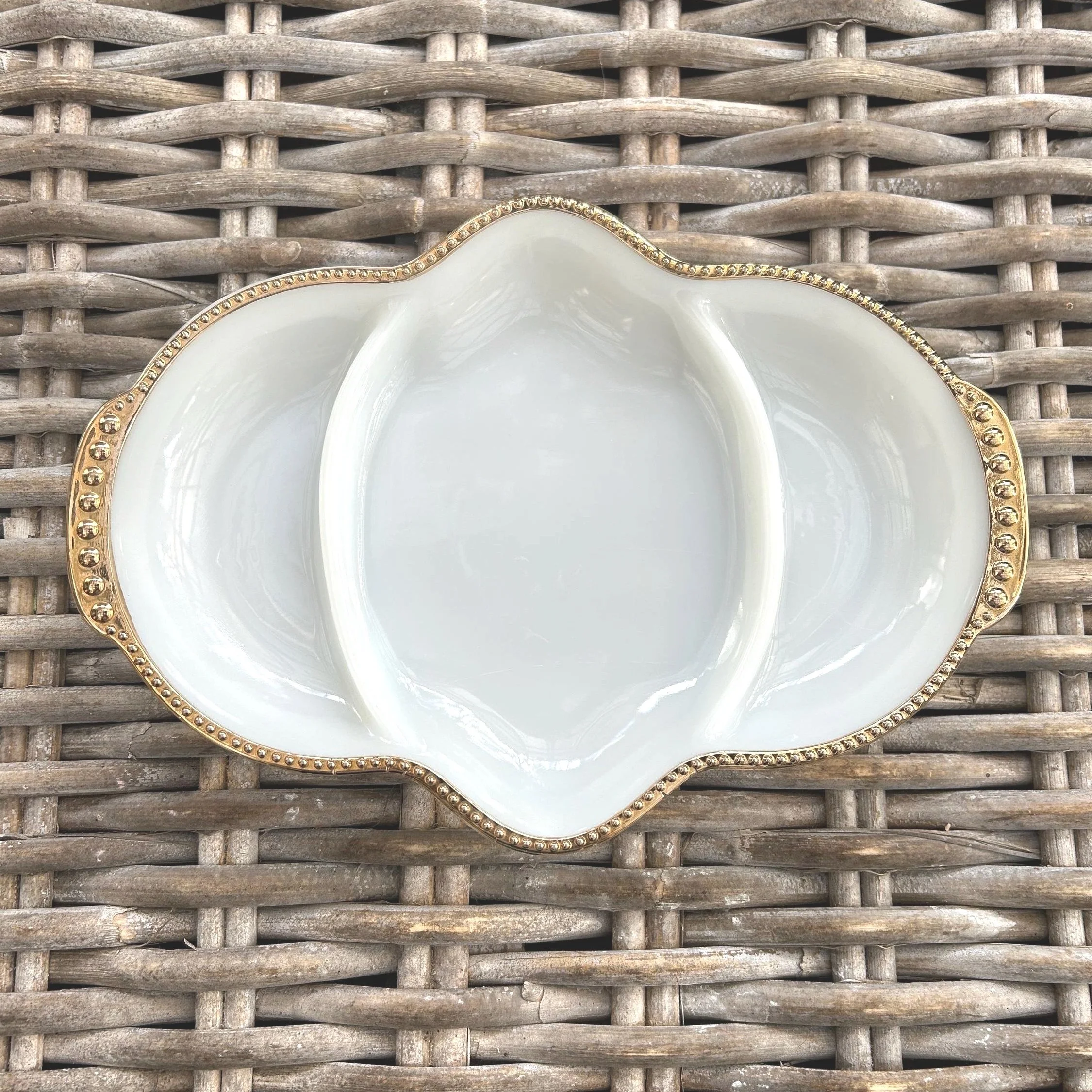 Anchor Hocking Fire King Divided Serving Dish – Milk Glass with Gold Gilt Trim
