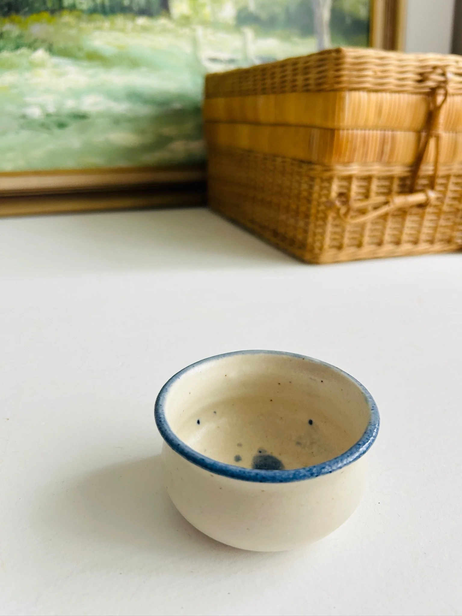 Side profile of the handmade bowl held in hand against a soft outdoor painting background