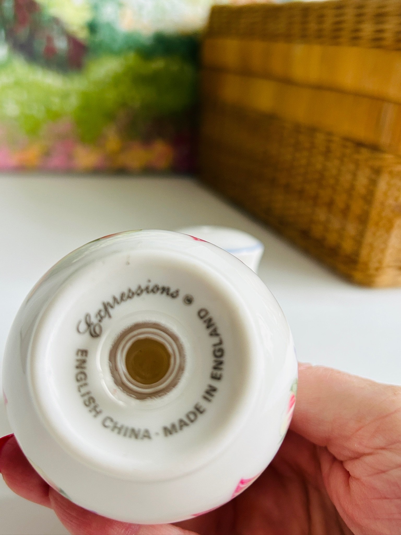 Close-up of the underside of one shaker showing the Royal Doulton Expressions Blooms backstamp and “English China - Made in England” marking