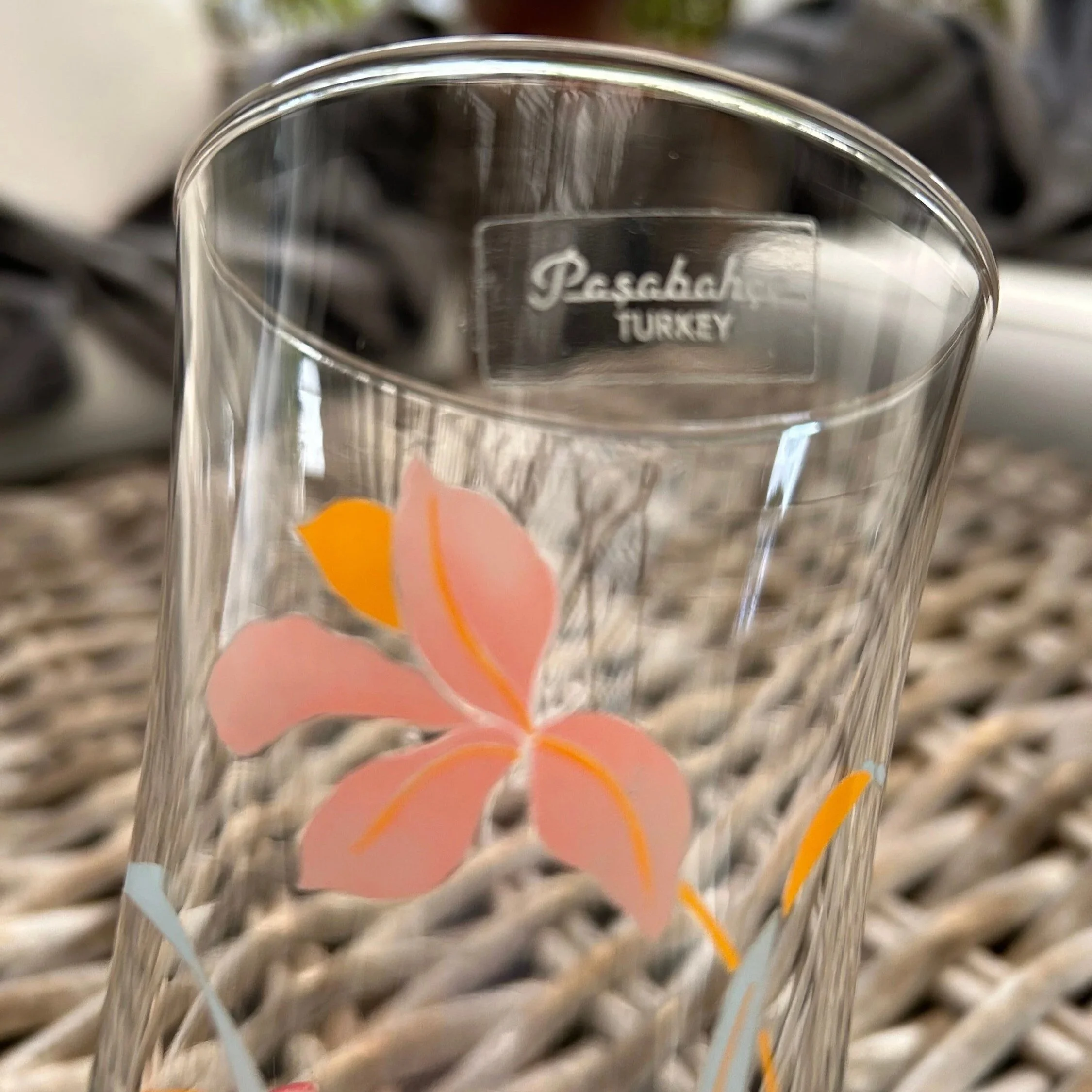 Close-up of "Pasabahce Turkey" etched logo near rim