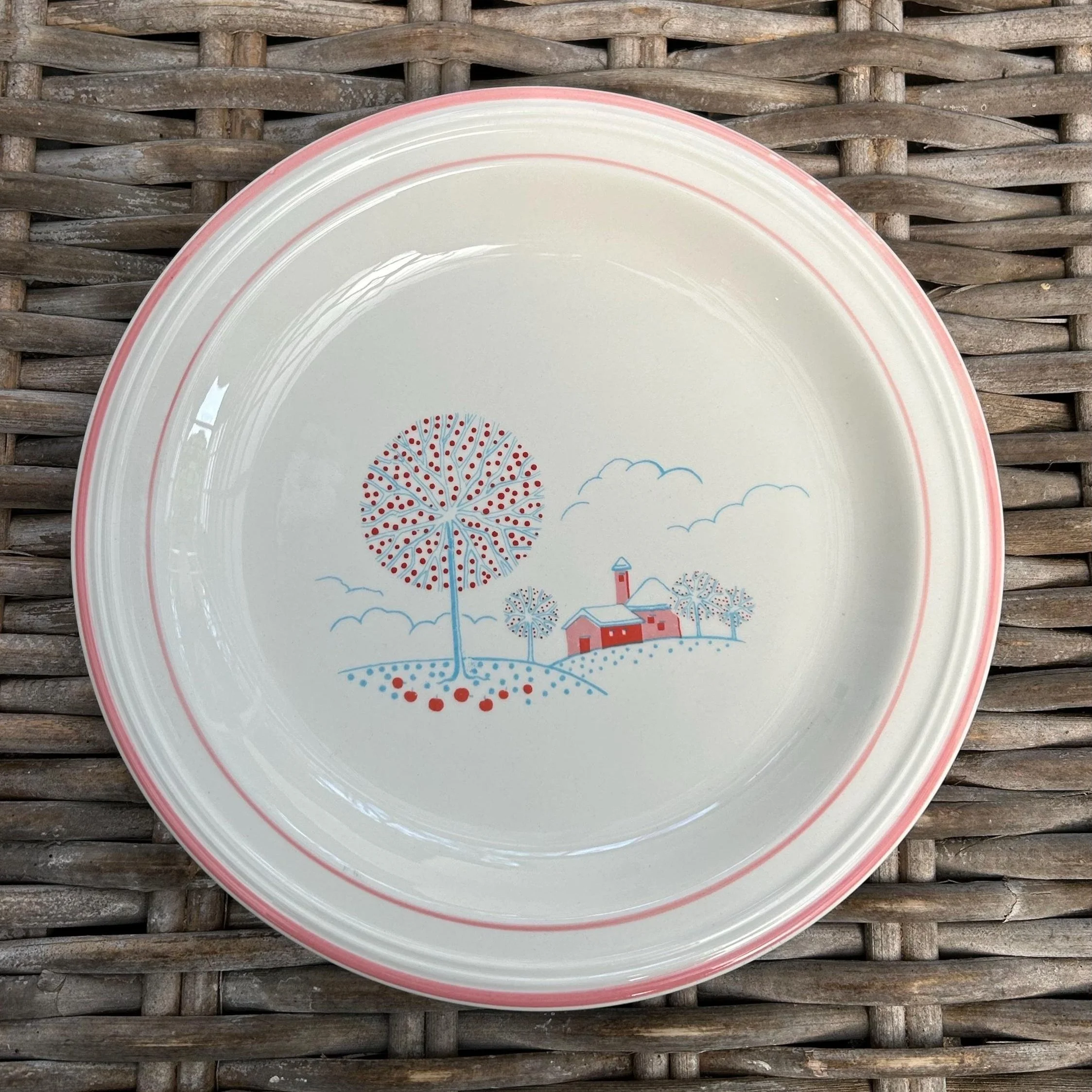 Vintage Italian dinner plate by Ceramica Galles with a red and blue countryside scene. Ideal for rustic decor or as a charming tableware piece.