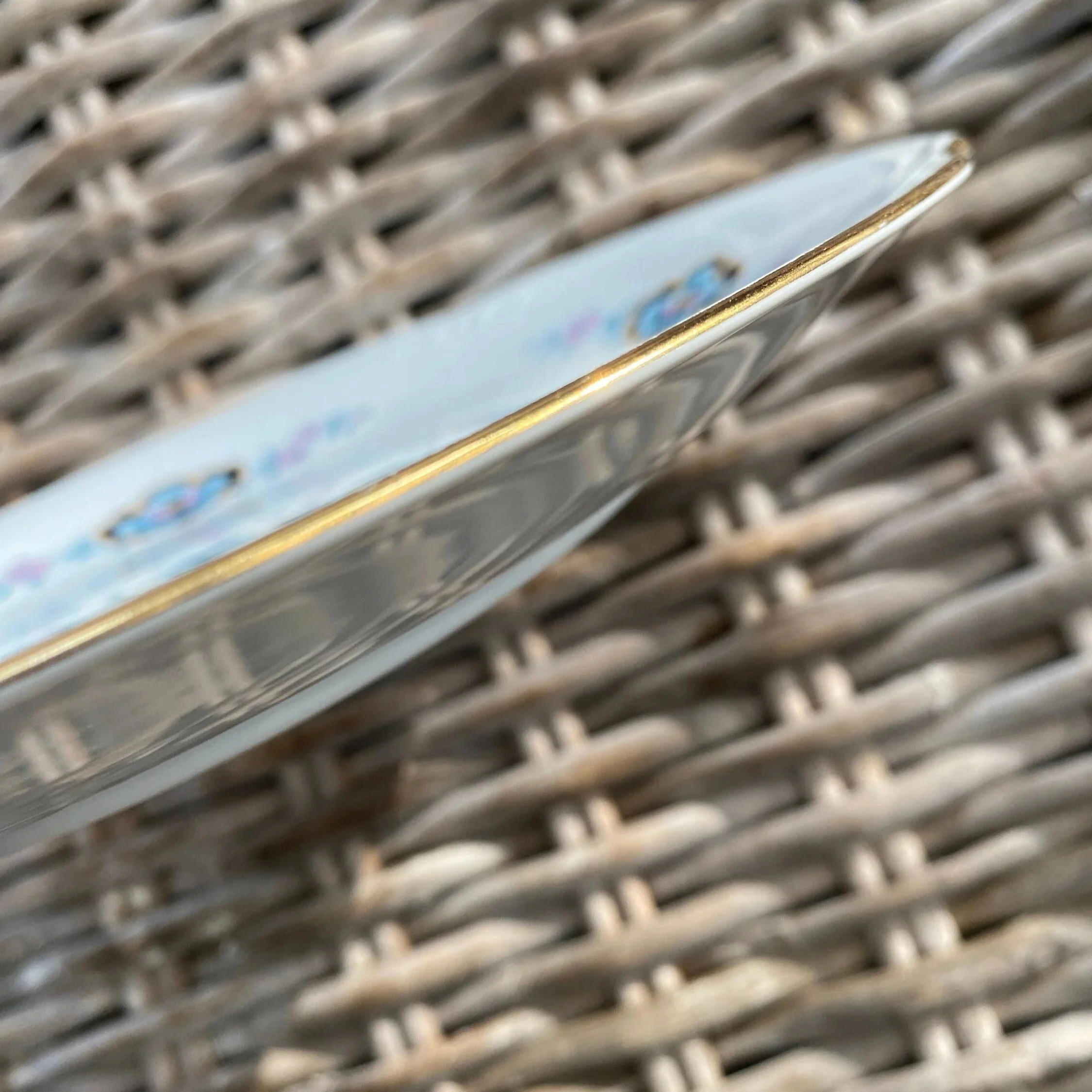 Side profile of the plate showing the shallow shape and gold-edged rim