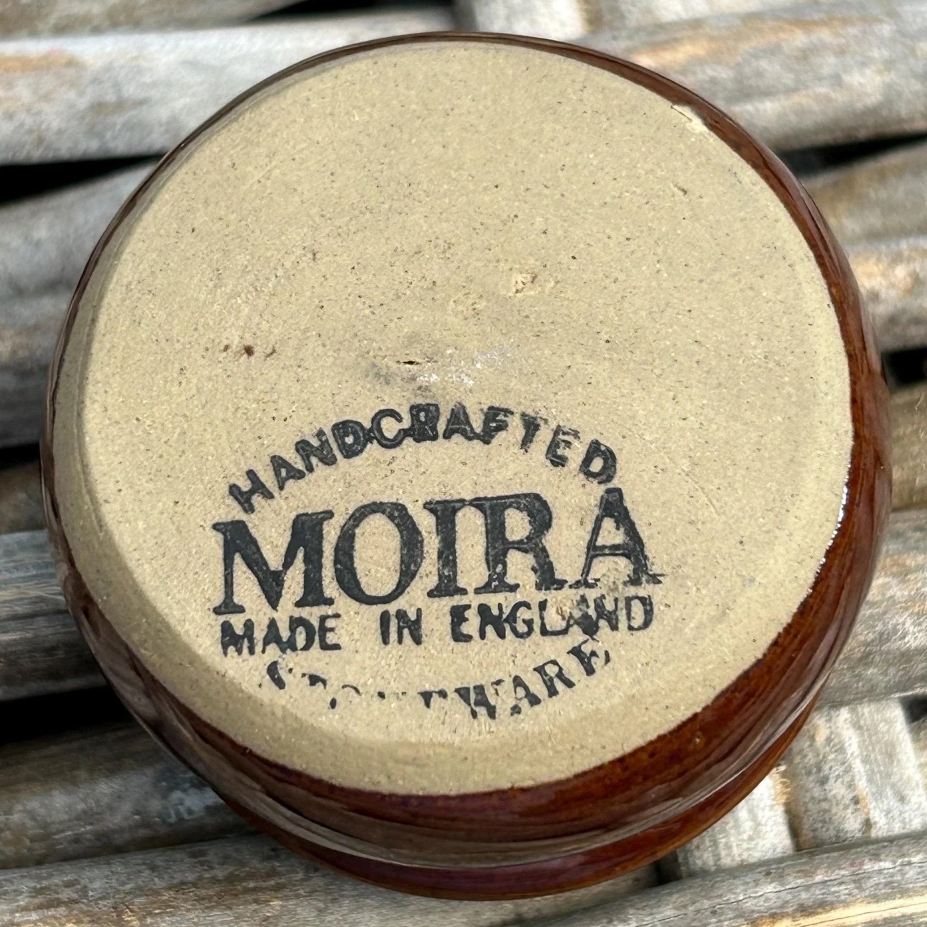 Underside showing “Handcrafted Moira Made in England” stamp