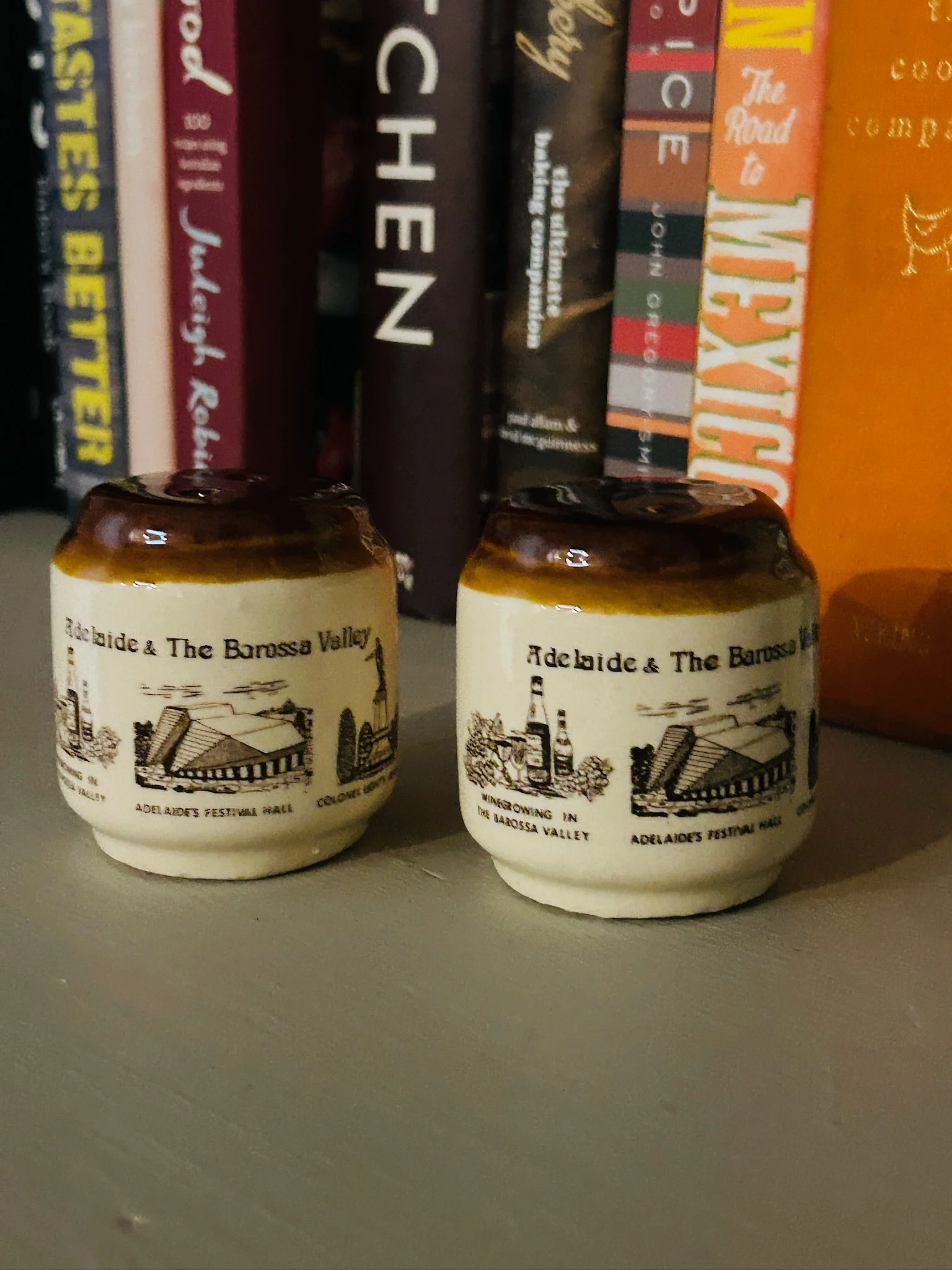 Pair of Adelaide and Barossa Valley souvenir shakers styled in front of books, showing the full wraparound illustration design.