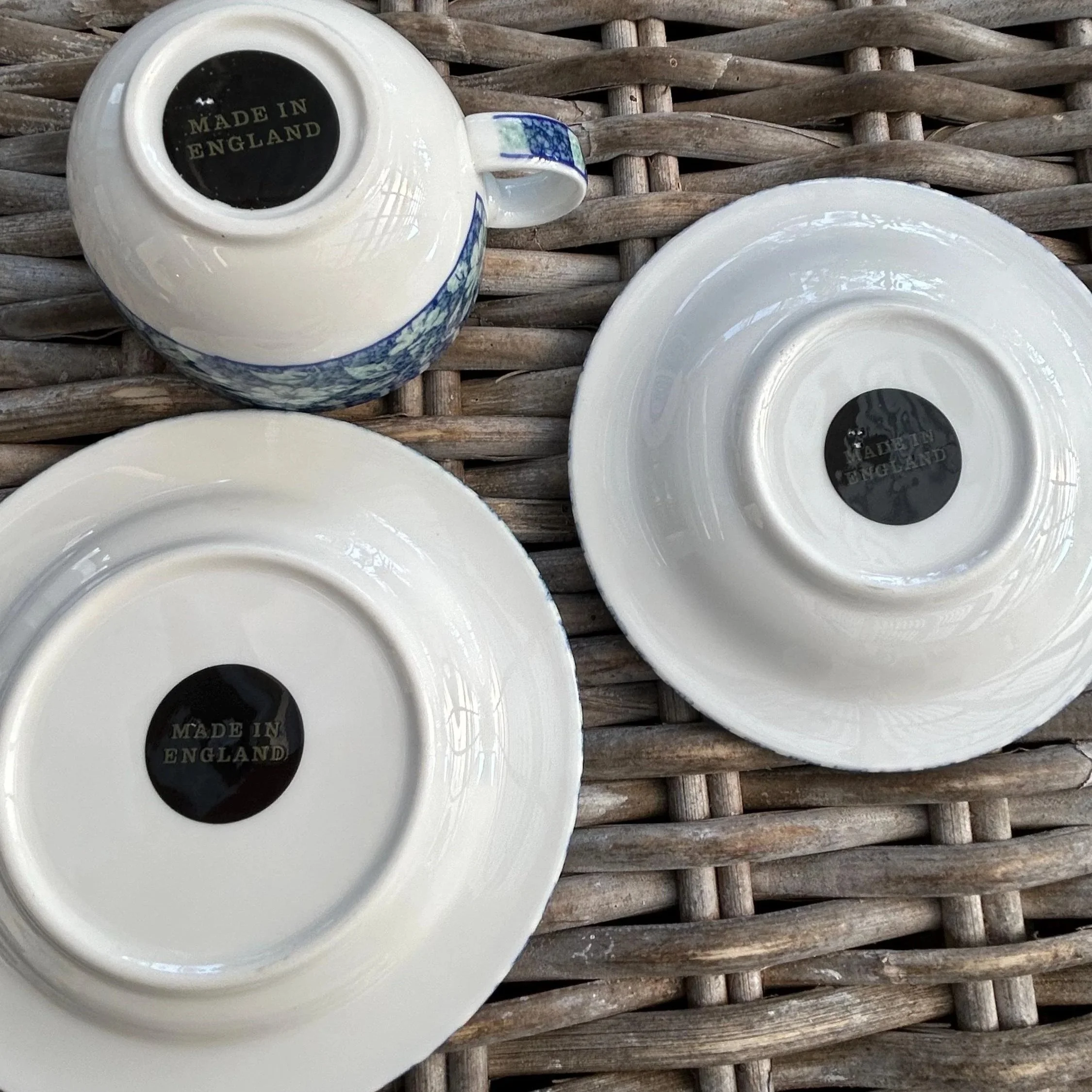 Underside of cup and saucer showing “Made in England” stamp