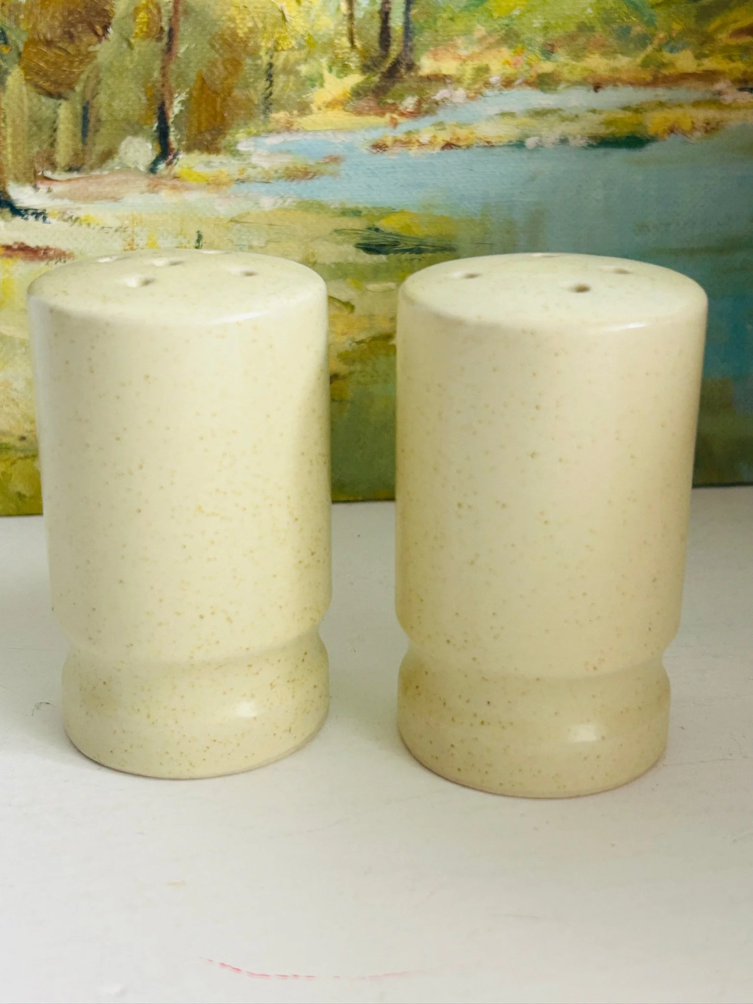 Reverse view of the pair on a white surface, showing the plain backs and stepped bases