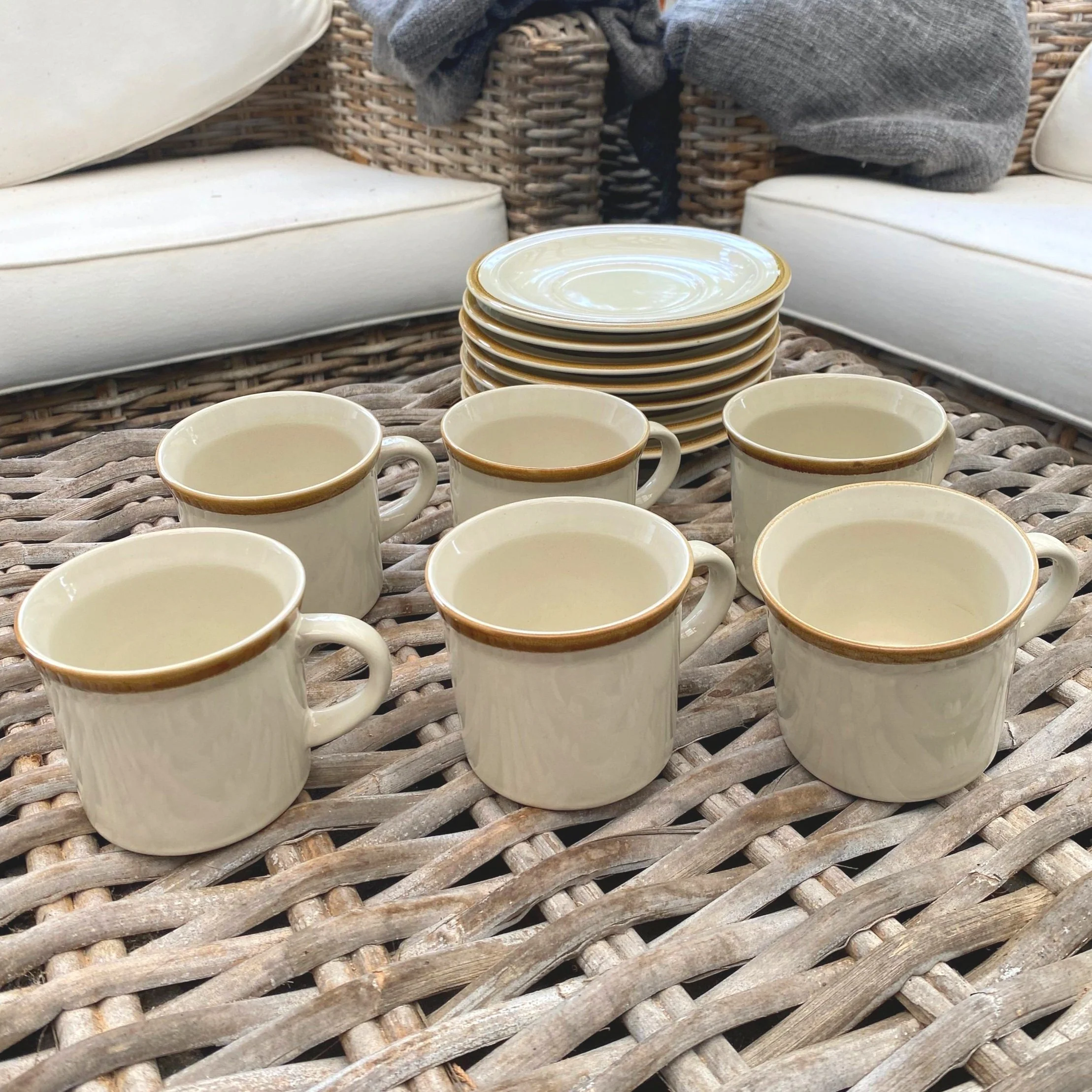 Andre Sonche JI Stonecrest Cup & Saucer Set – Beige with Brown Trim (1970s, Set of 6)