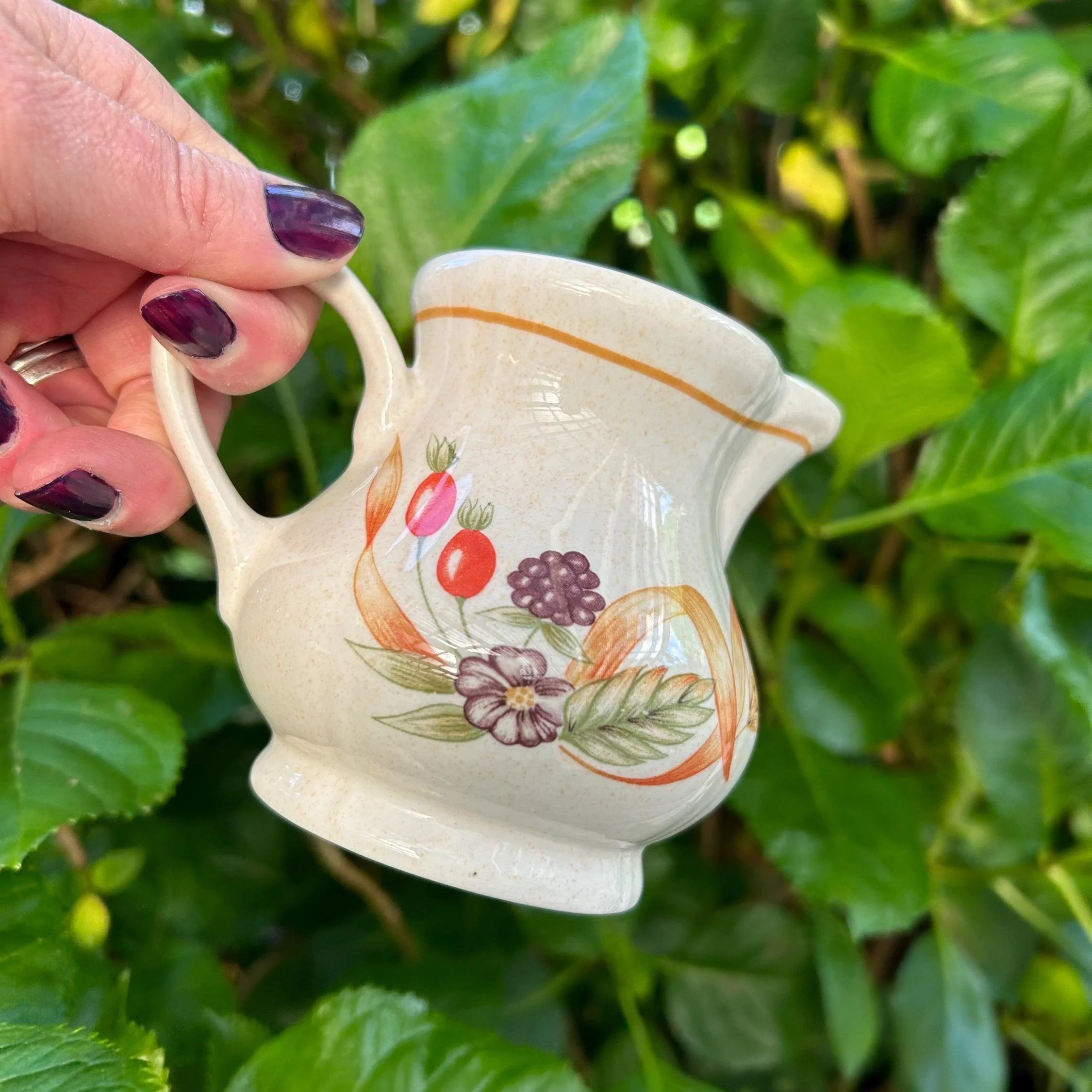 Vintage Churchill creamer jug with Bramble Fayre Harvest design. English stoneware from the Chartwell Collection—perfect for cottagecore decor or serving cream.