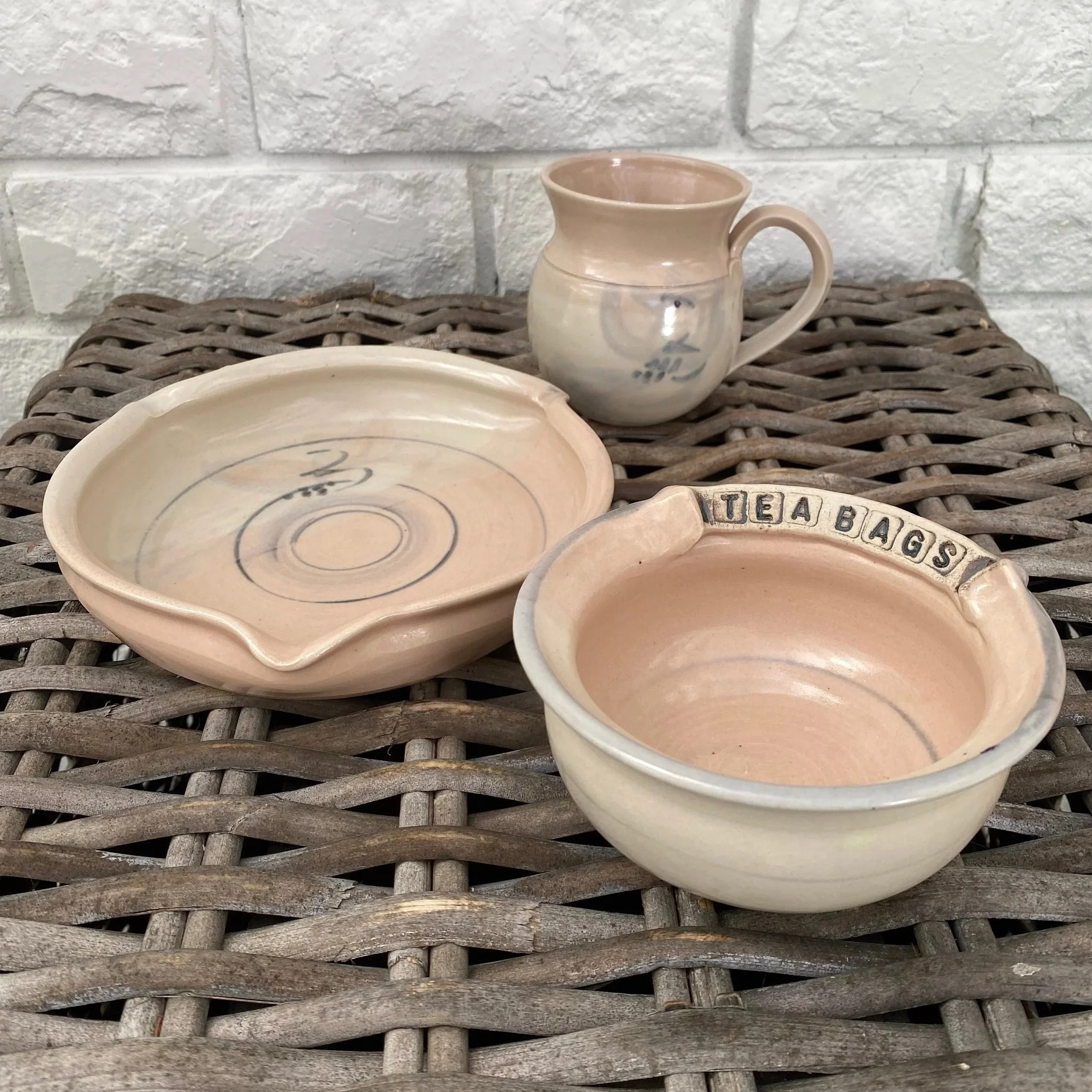 Carolyn Birinyi Ceramic Tea Set | Australian Handmade | “TEA BAGS” Bowl, Mug & Plate Trio