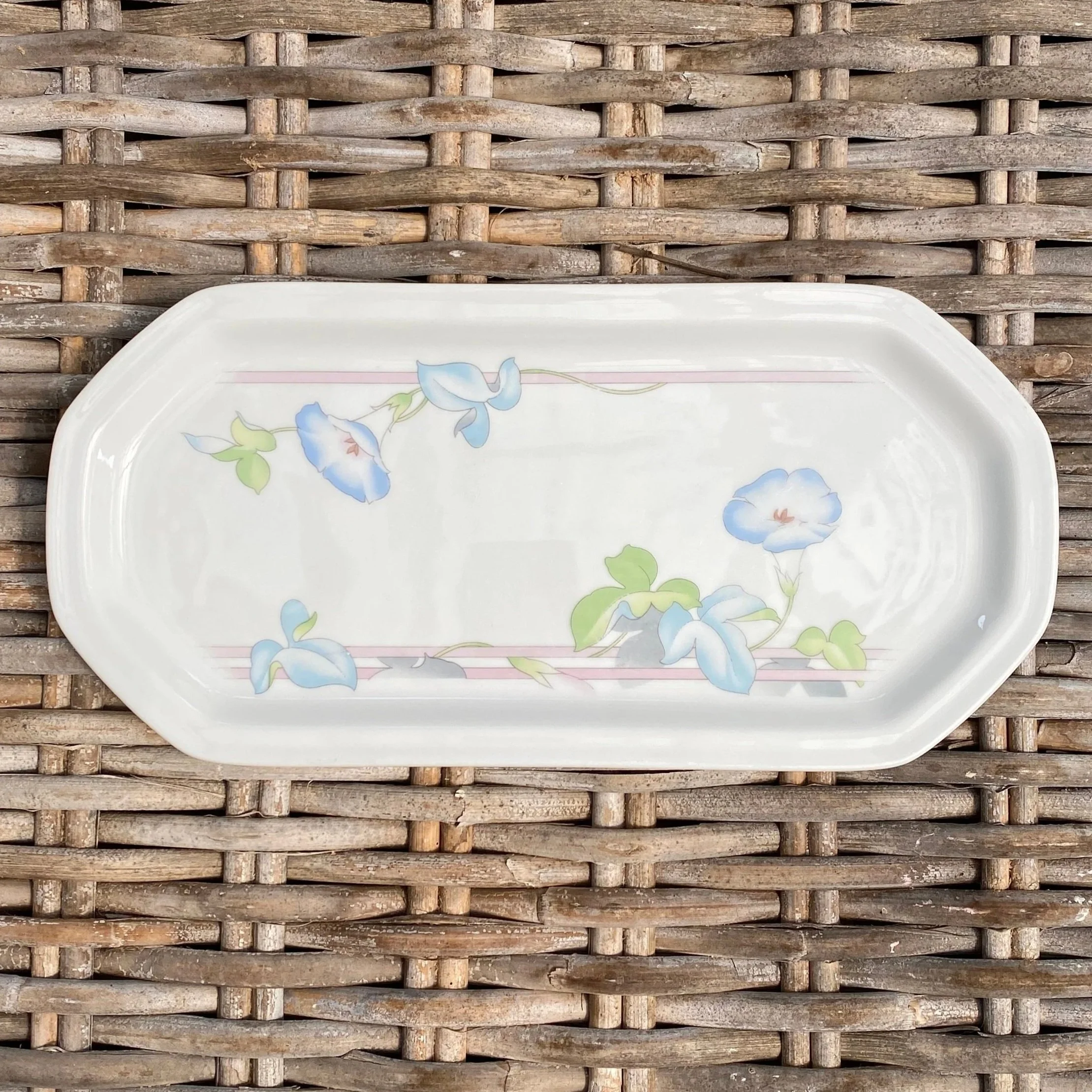 Top view of the rectangular platter showing the full floral border design on a white background