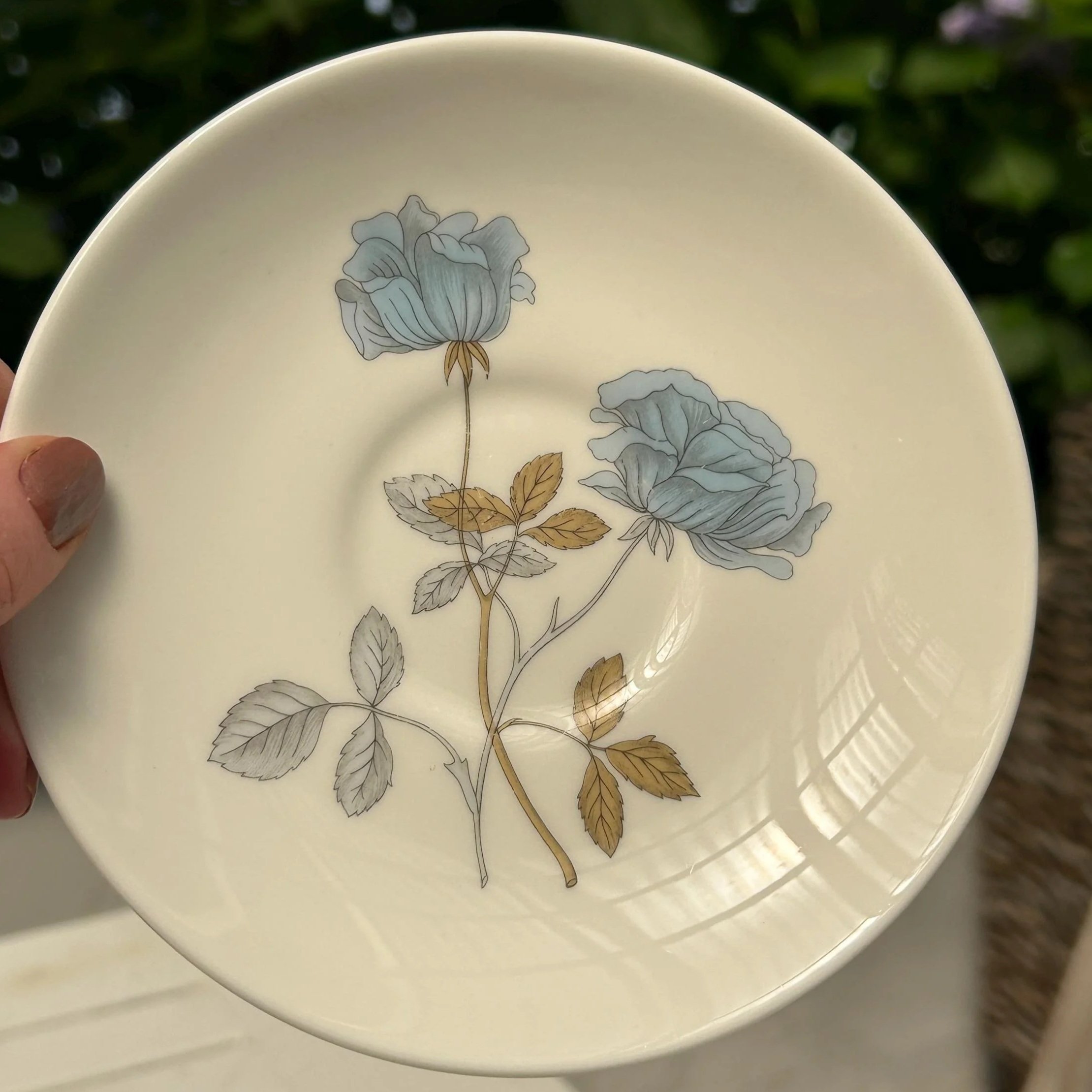 Side plate viewed from above, showing the Ice Rose floral design in the centre