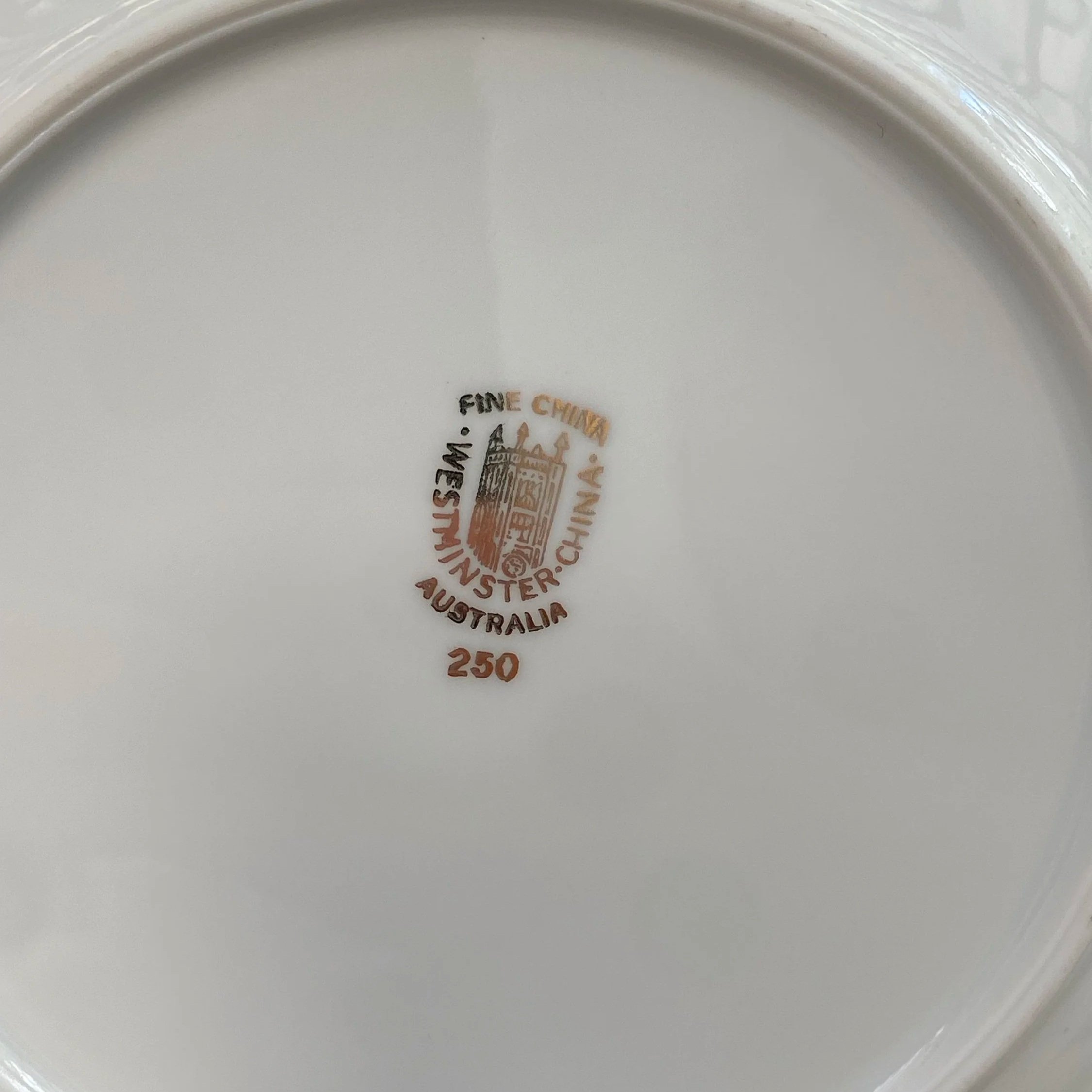Underside backstamp of Westminster fine china showing pattern number 250