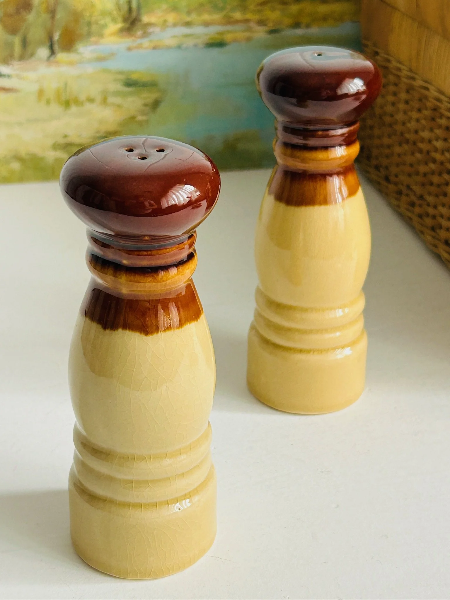 Slightly angled front view of both ceramic shakers together