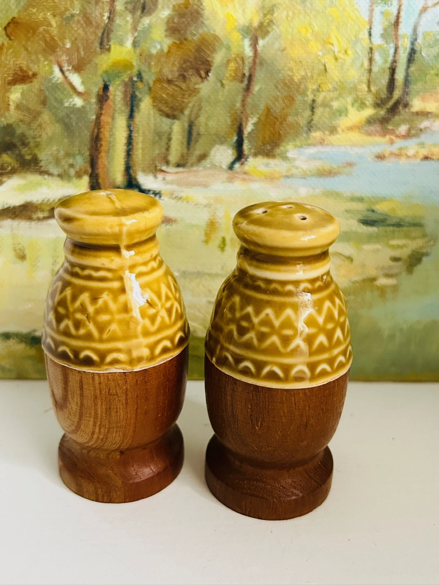 Pair of retro mustard yellow and wood salt and pepper shakers styled in front of framed artwork