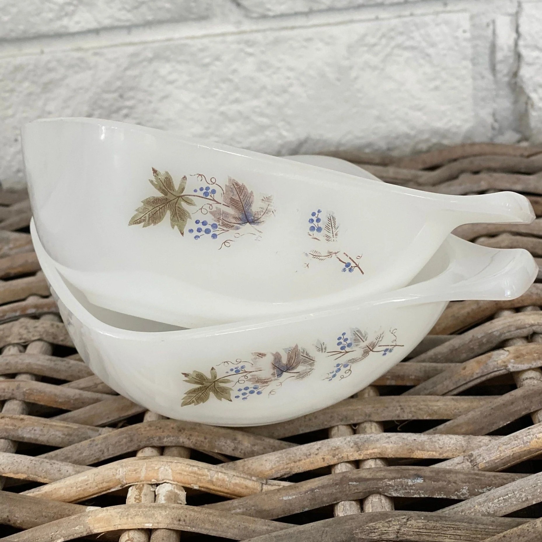 Crown Ovenware Pyrex Ramekins | Set of 2 | ‘Bacchus’ Grapevine Pattern | 1960s Australian Glass