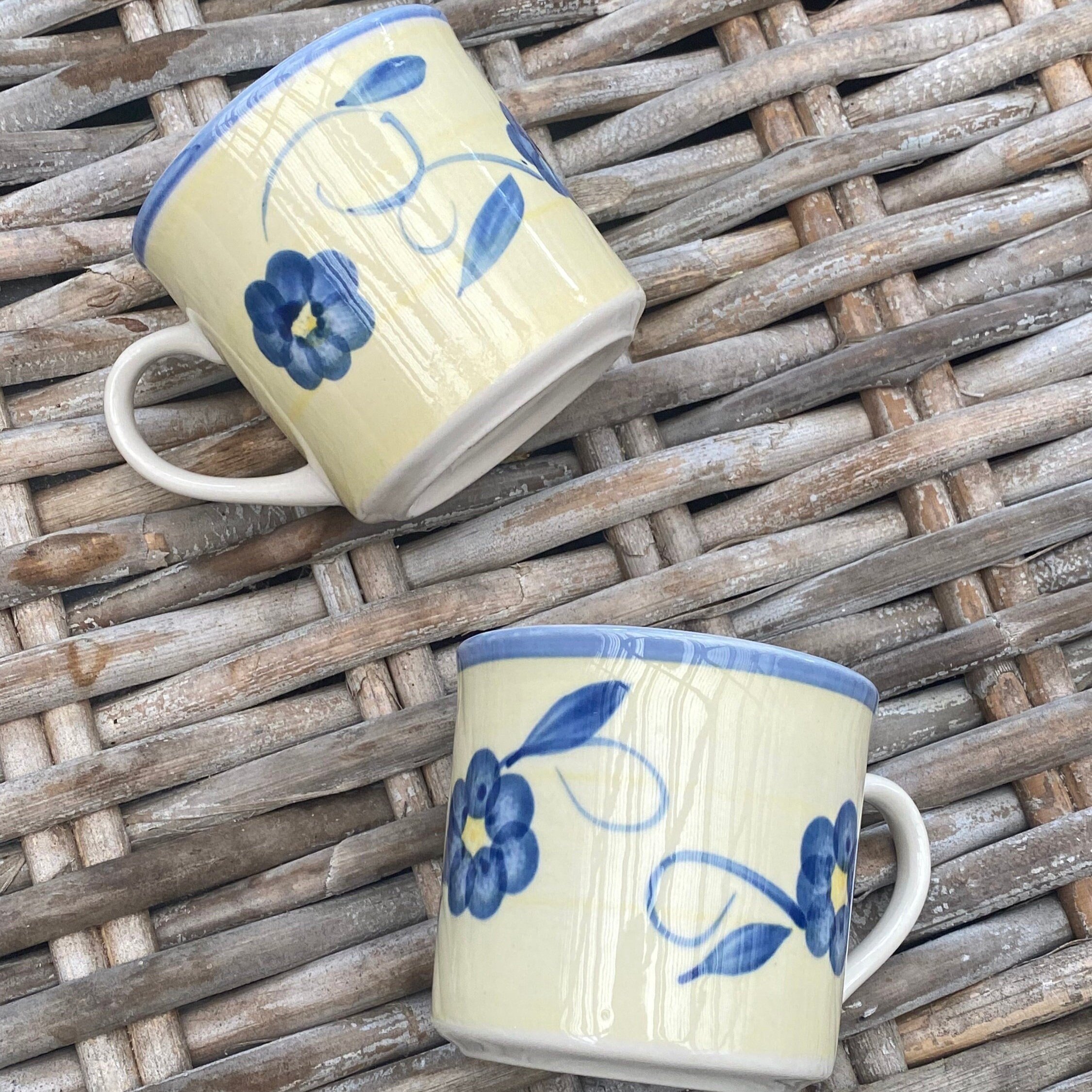 Stoneware Coffee Mugs Set of 2 | Handpainted Blue Floral Cups | Retro Yellow Kitchenware