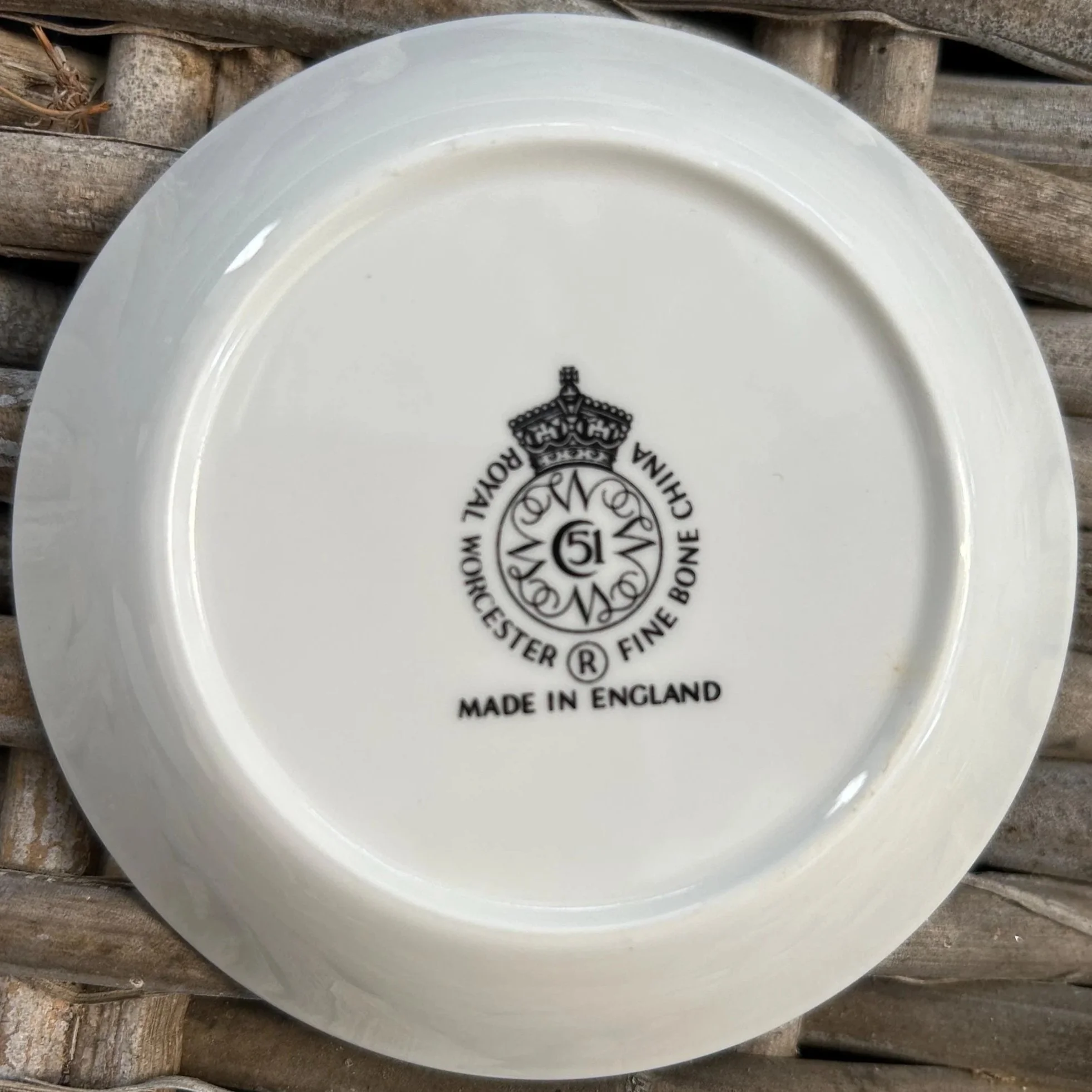 Underside of blue dish with “Made in England” stamp