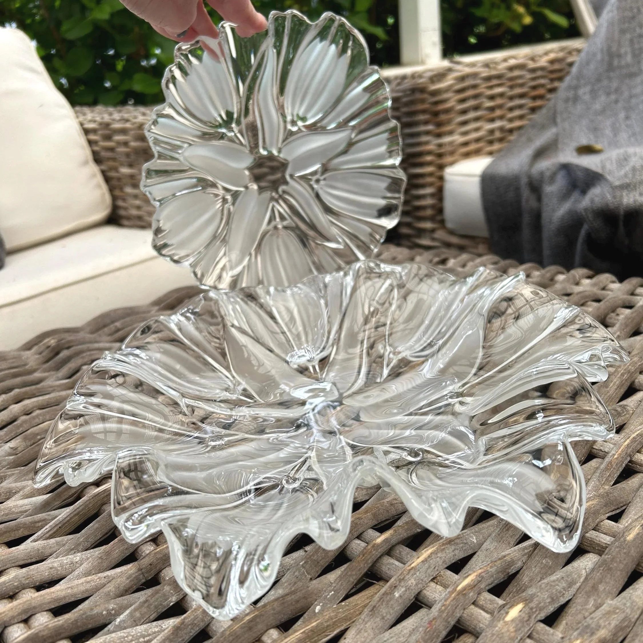 Mikasa Tulip Satin crystal plates held outdoors – showing frosted floral design