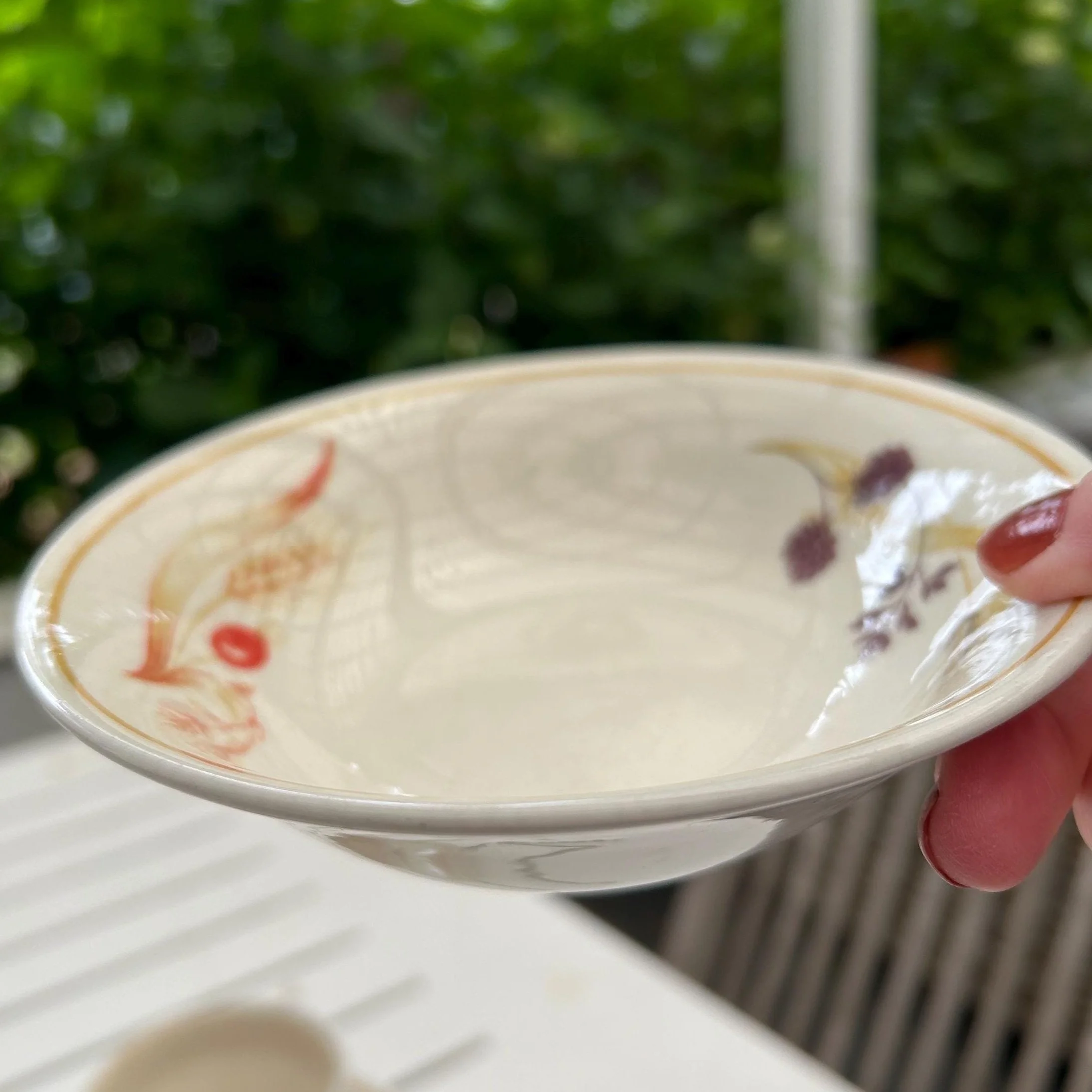 Churchill Bramble Fayre bowl side view showing depth and painted botanical rim