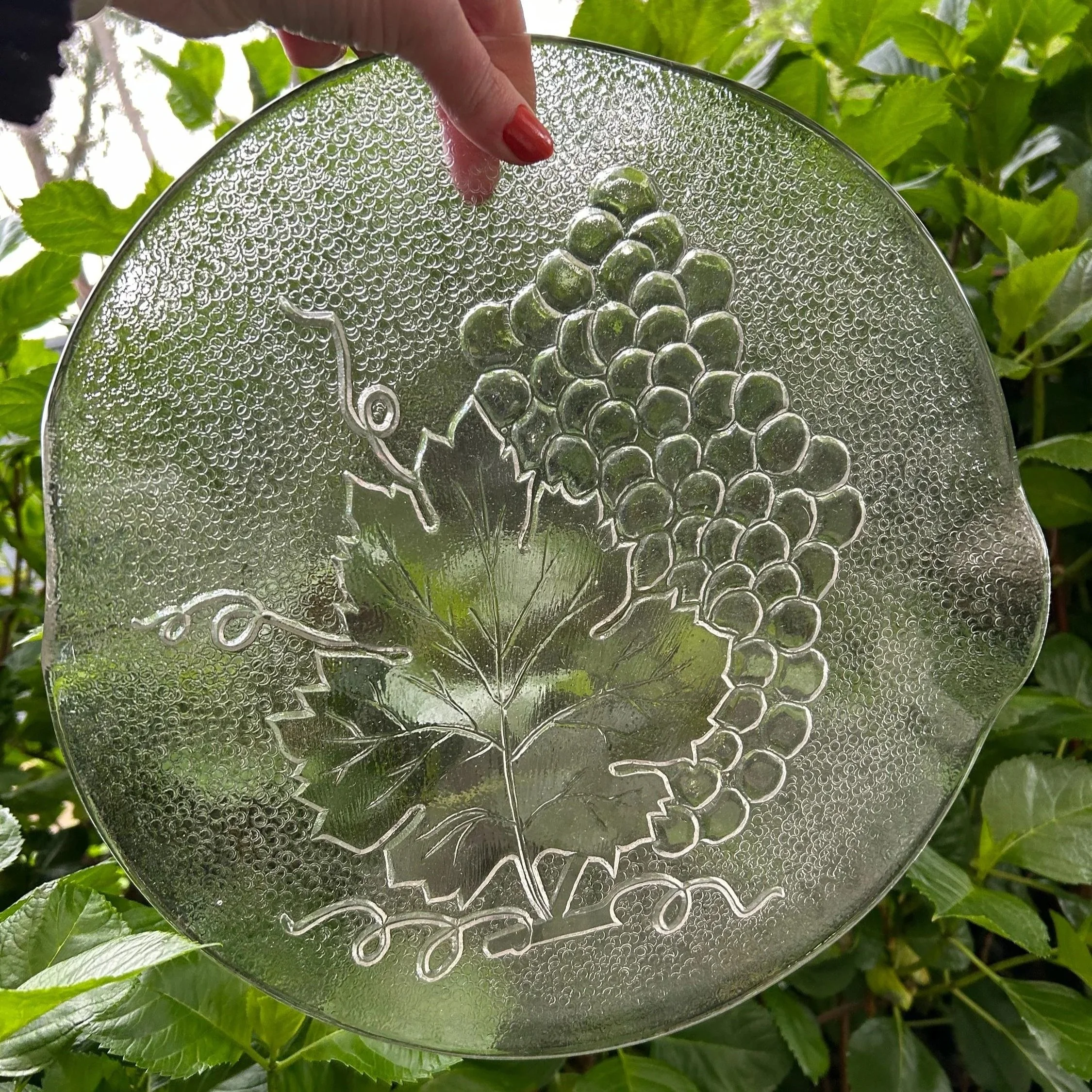 Overhead view of entire clear glass platter showing grapevine motif
