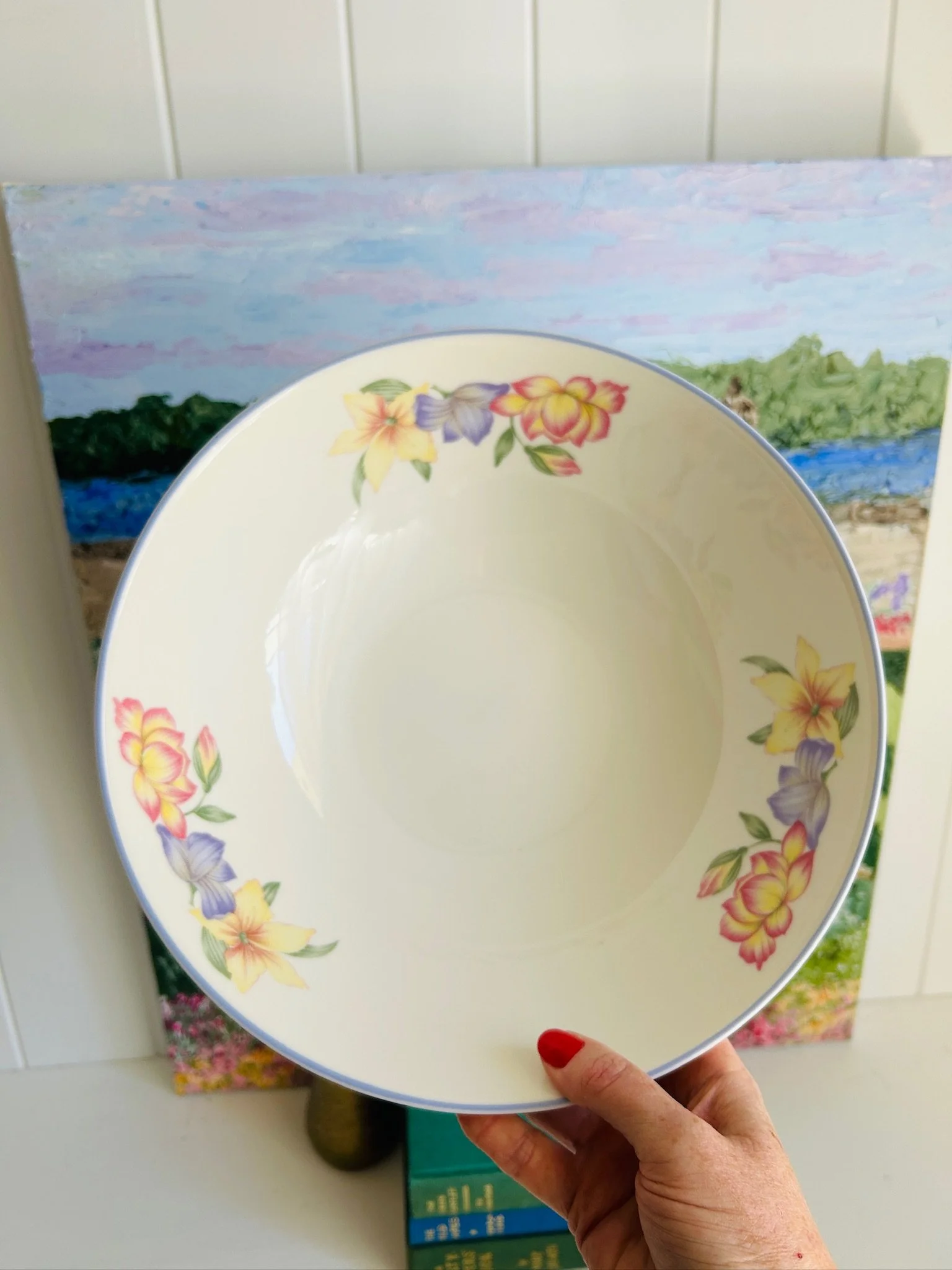 Overhead view of the Royal Doulton Expressions Blooms bowl, showing the wide interior and floral motifs around the rim