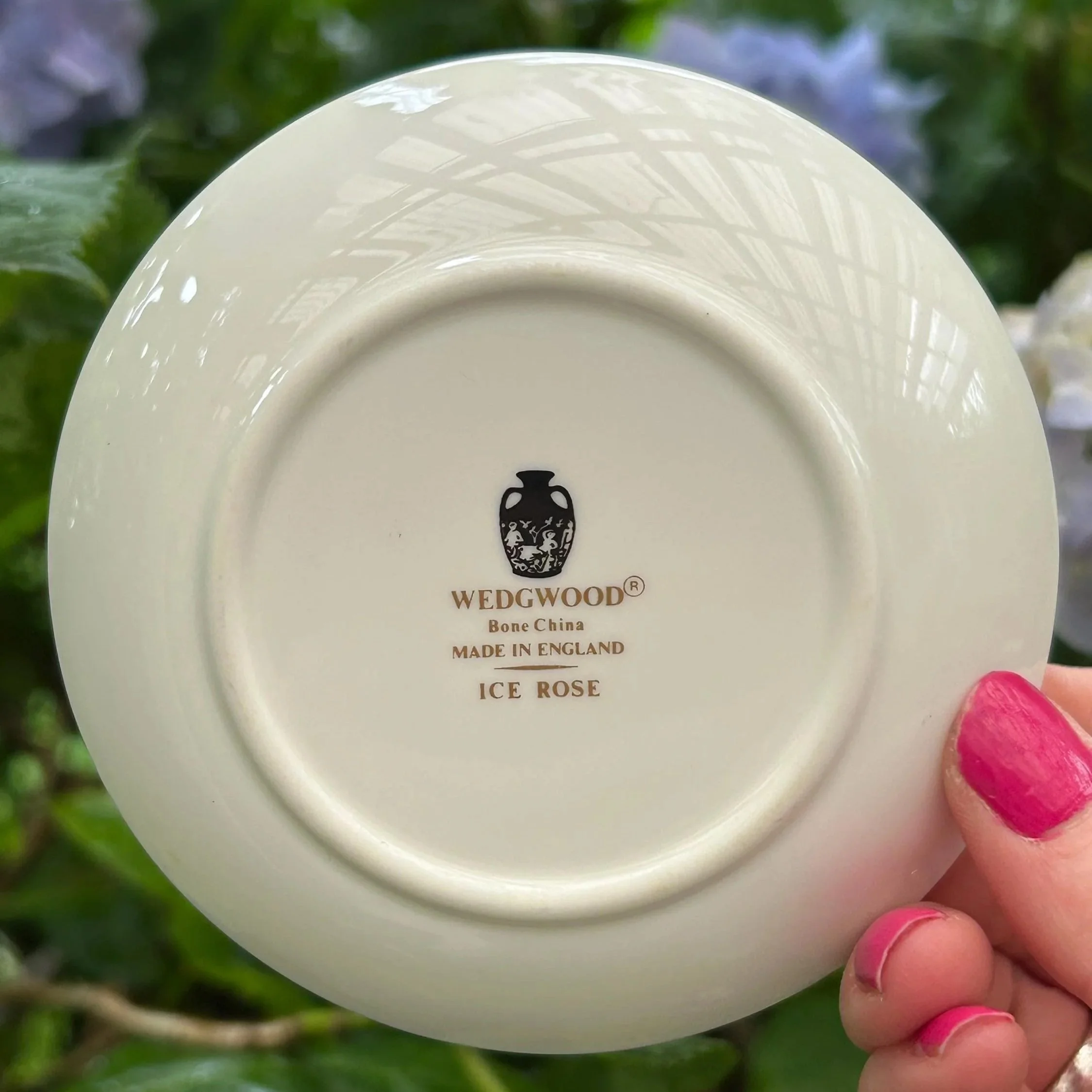 Base of the Wedgwood bone china dish showing the maker’s mark and Ice Rose pattern name