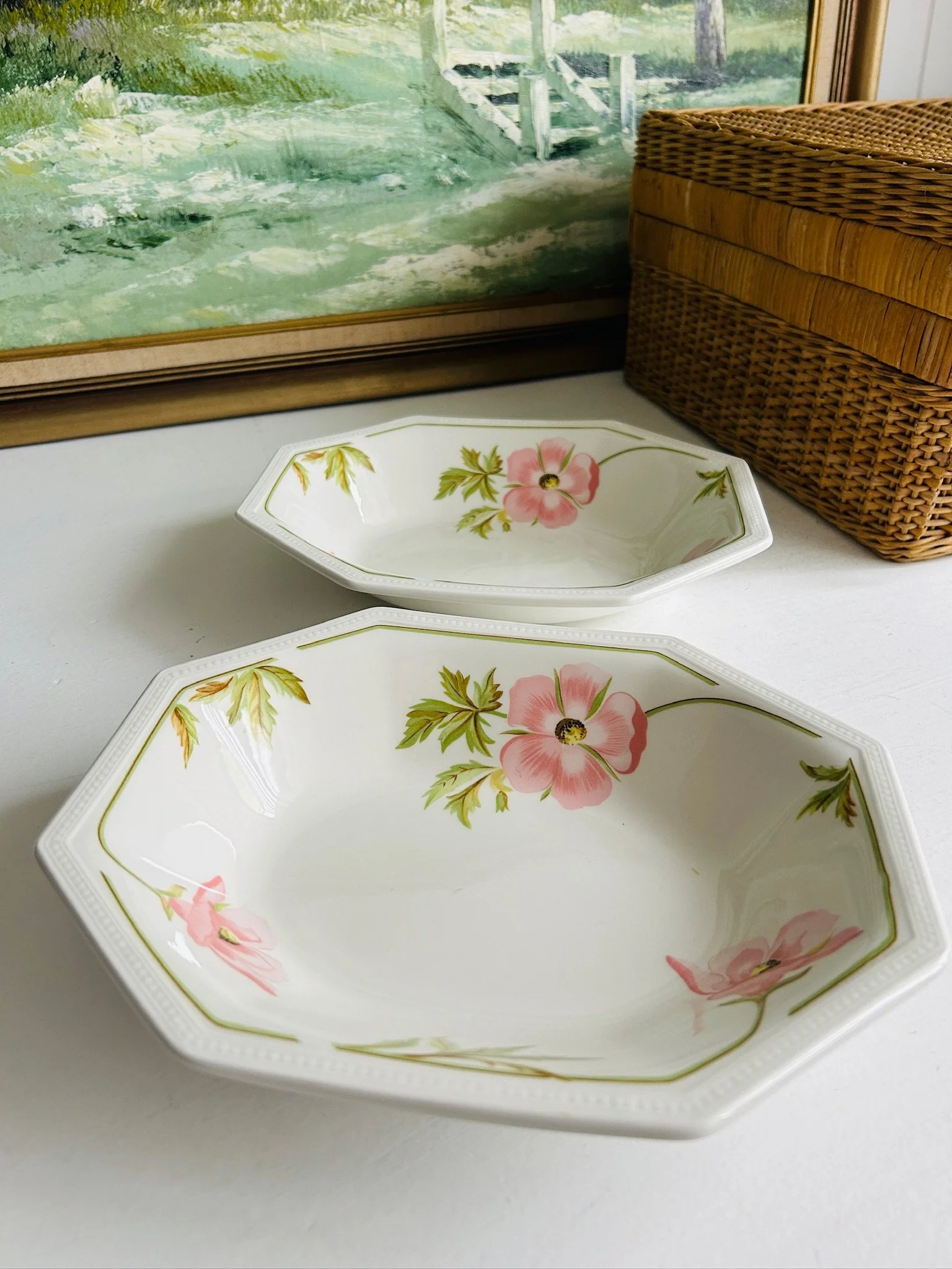 Pair of Johnson Brothers Spring Morning octagonal vegetable bowls displayed together, showing the pink floral pattern and green leaf border on white ironstone.