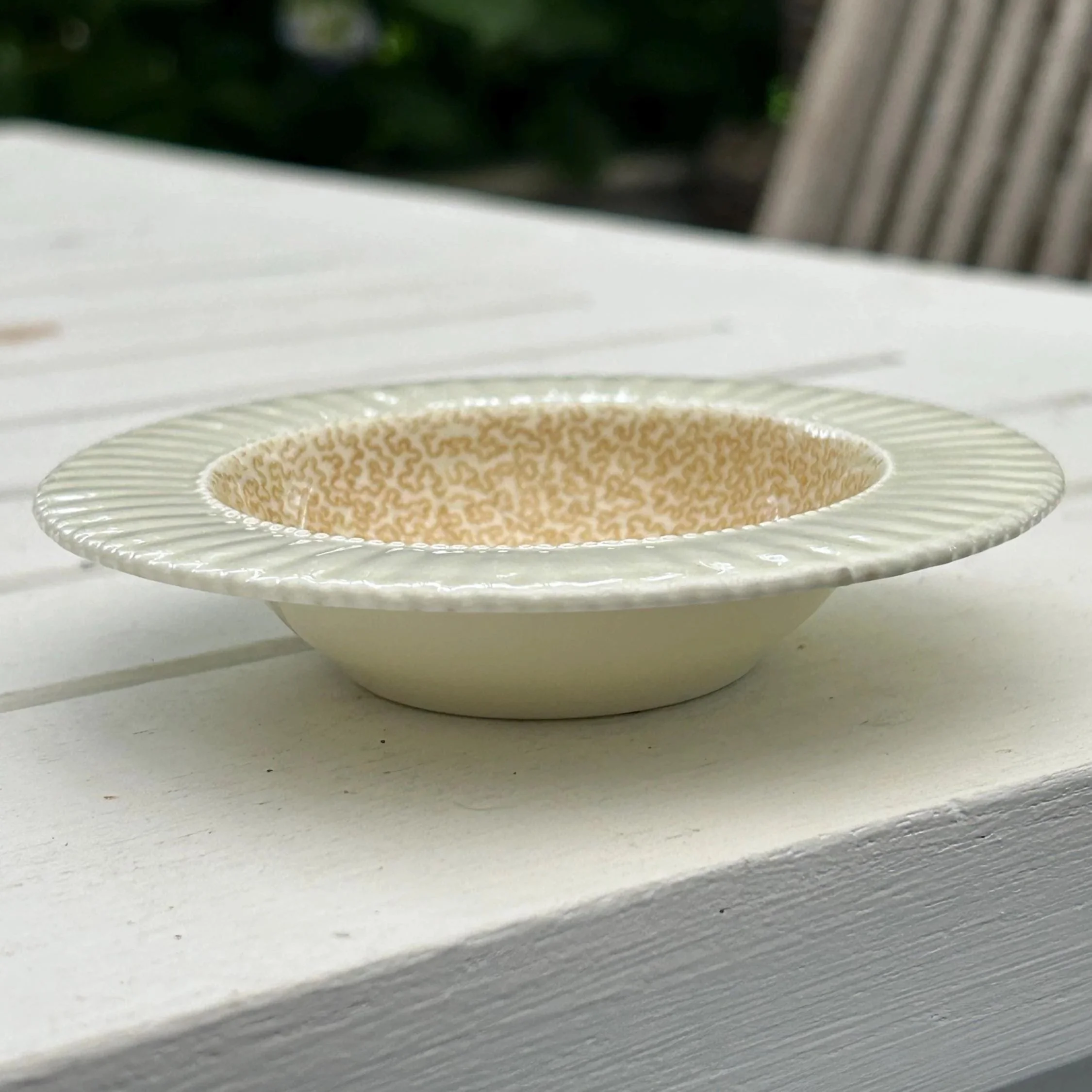Side profile of the dish on a white table, showing its shallow bowl shape