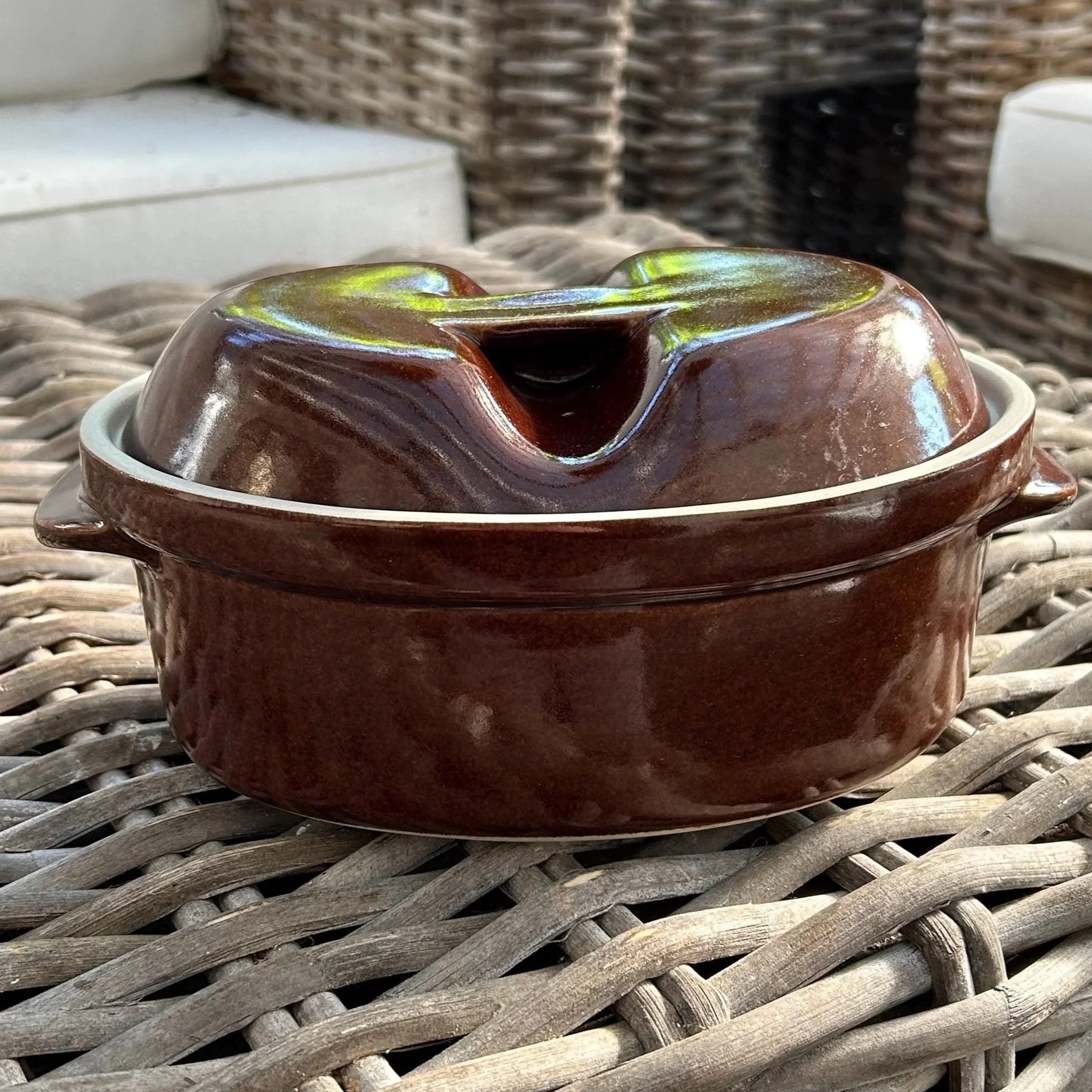 Full view of the French terrine with lid on, showing its dark brown glaze