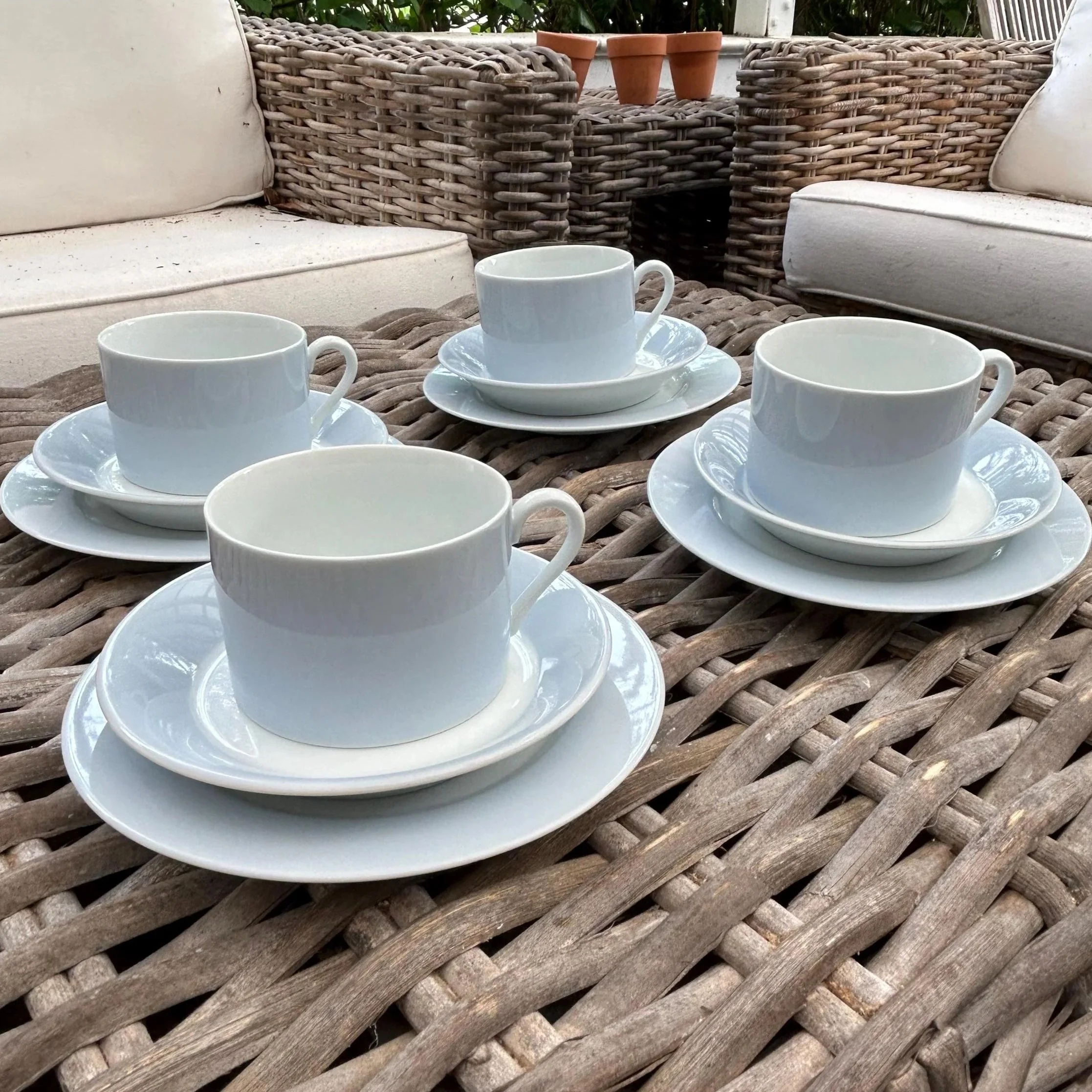 Complete Fitz and Floyd La Ronde Bleu trio set with all four place settings displayed